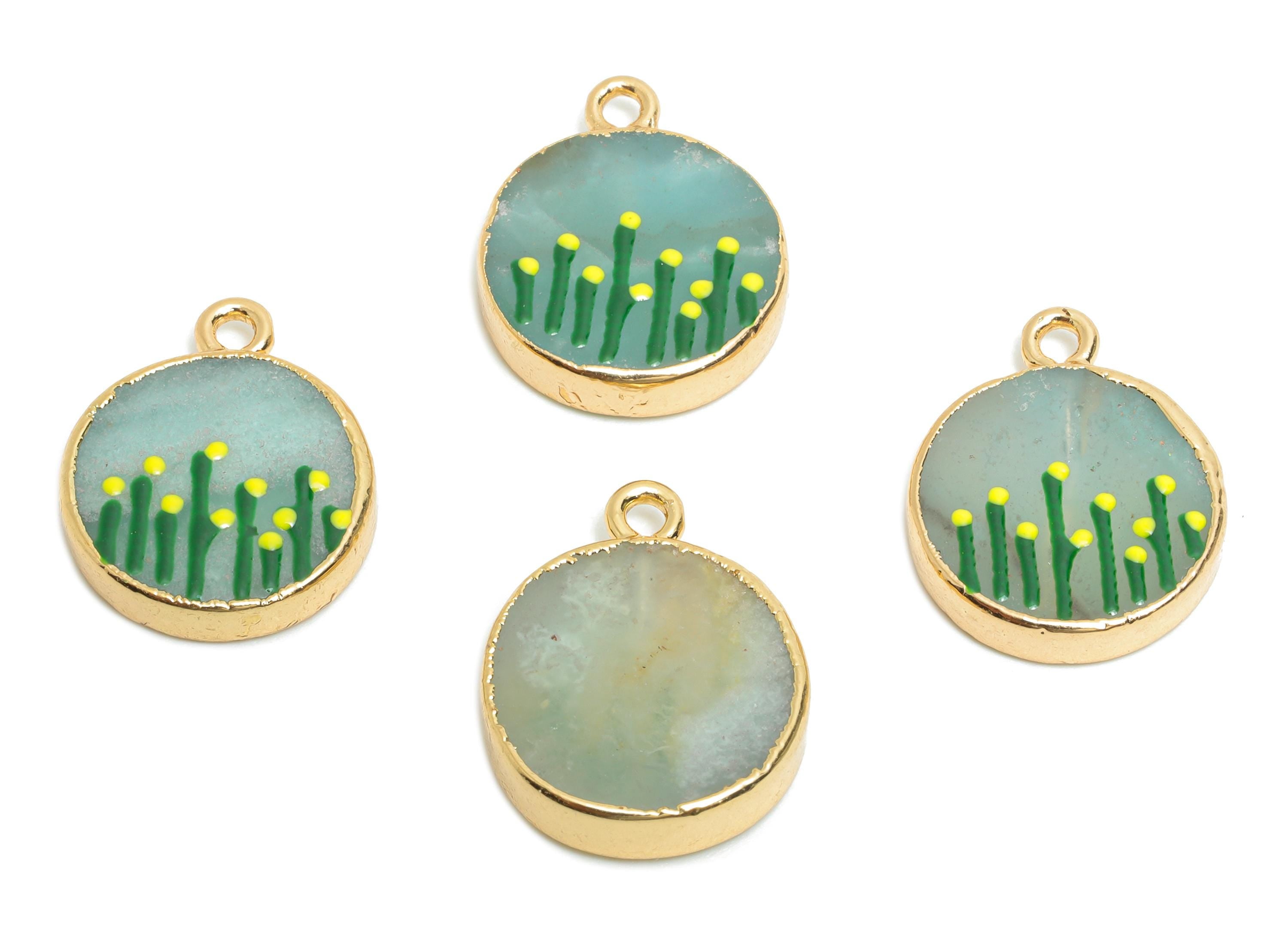 Amazonite Earring Charm - Brass Handmade Gold Foral With Enamel Pendant - Brass Botanical Theme - KC Gold Plating - 19x15x3mm - NS2883A - DOMEDBAZAAR
