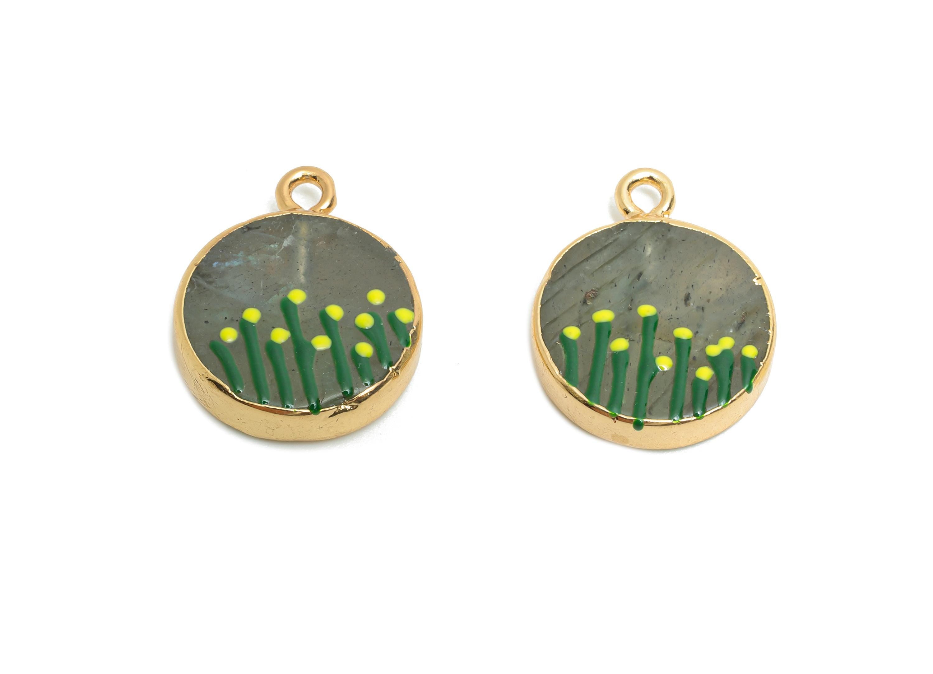 Flash Stone Earring Charm - Brass Handmade Gold Floral With Enamel Pendant - Botanical Theme - KC Gold Plating - 19x15x4.15mm - NS2883G - DOMEDBAZAAR