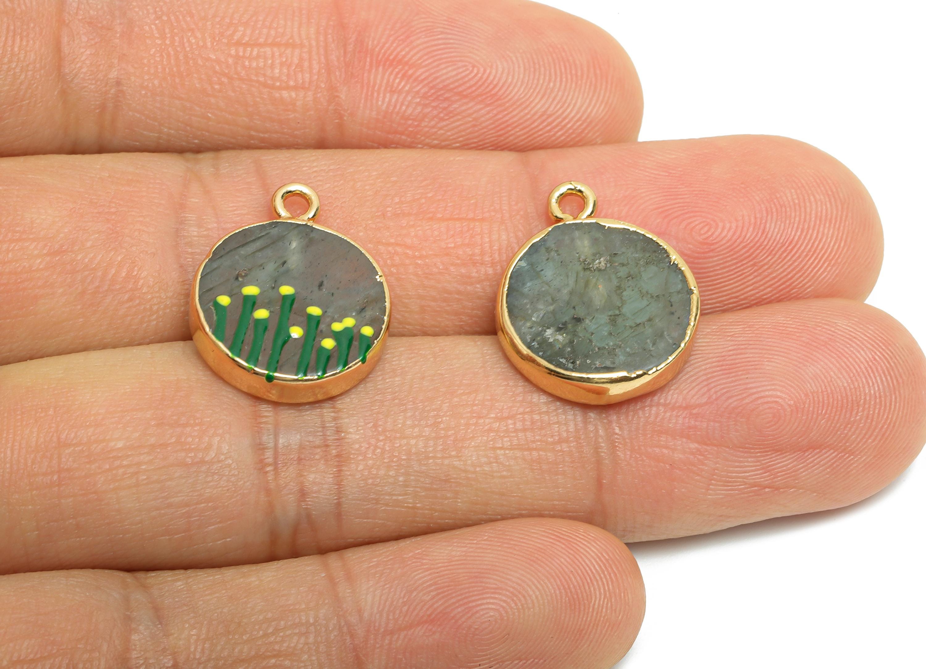 Flash Stone Earring Charm - Brass Handmade Gold Floral With Enamel Pendant - Botanical Theme - KC Gold Plating - 19x15x4.15mm - NS2883G - DOMEDBAZAAR