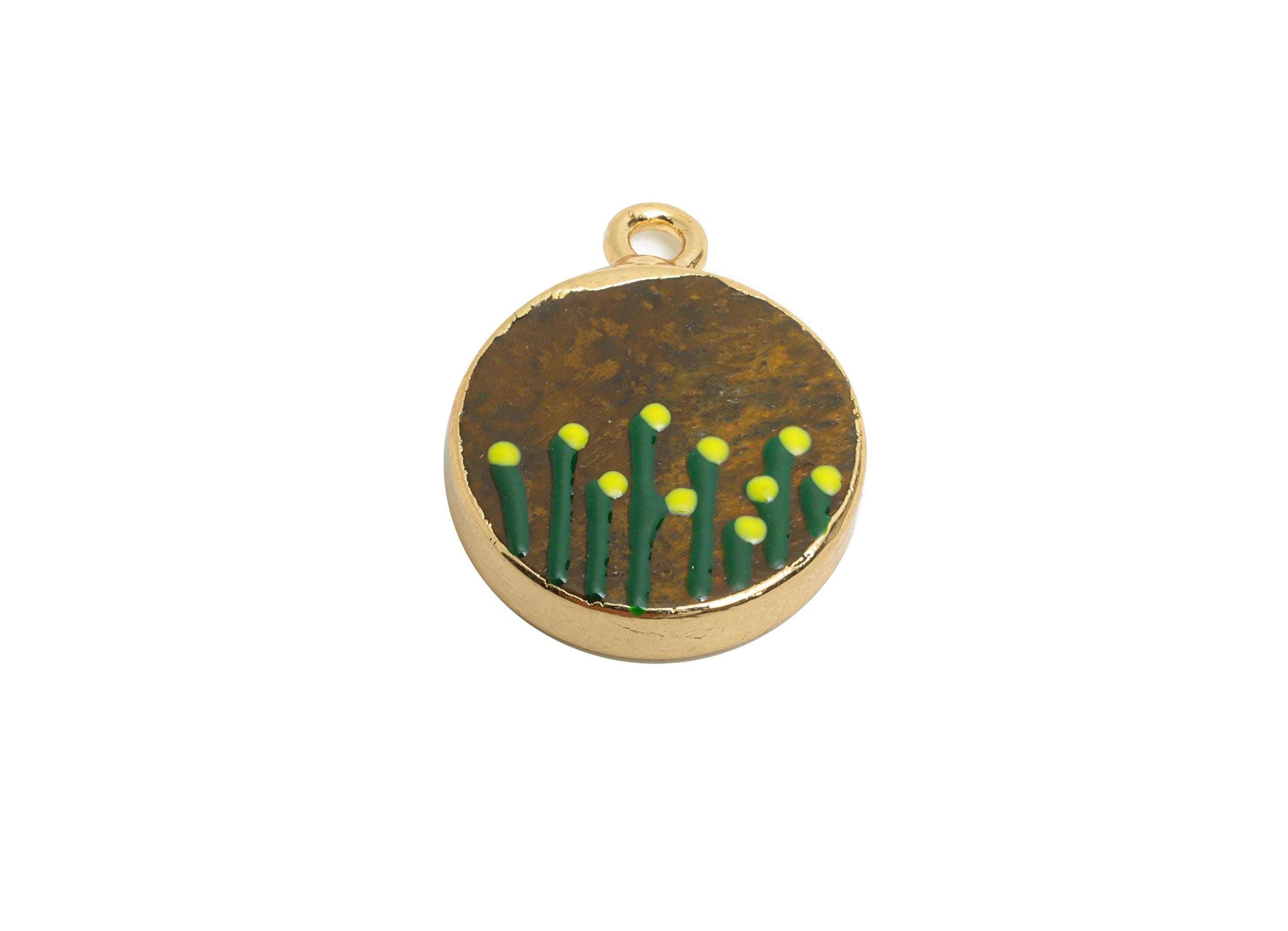 Tigereye Stone Earring Charm - Brass Handmade Gold Floral Enamel Pendant - Botanical Theme - KC Gold Plating - 19x15x3.76mm - NS2883C - DOMEDBAZAAR