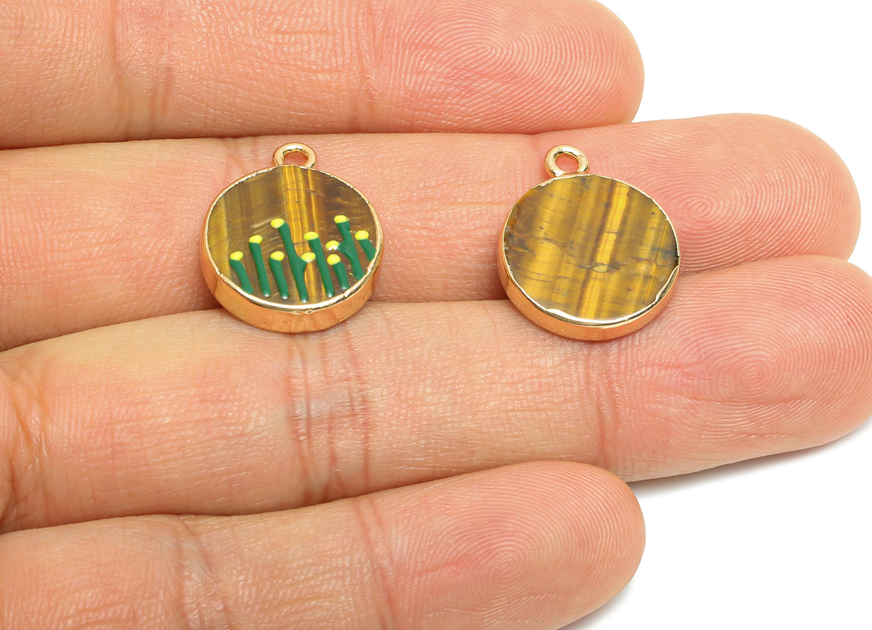 Tigereye Stone Earring Charm - Brass Handmade Gold Floral Enamel Pendant - Botanical Theme - KC Gold Plating - 19x15x3.76mm - NS2883C - DOMEDBAZAAR