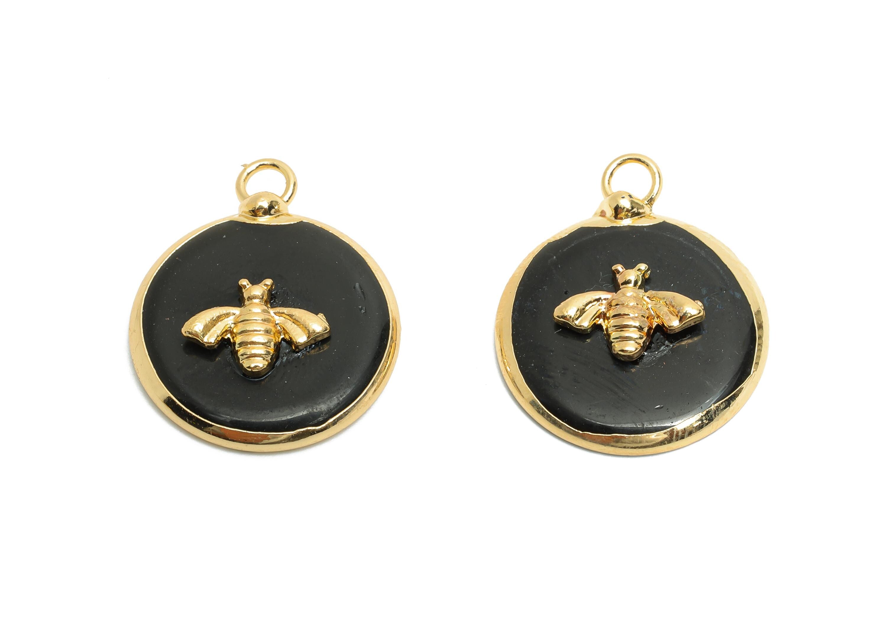 Obsidian Bee Pendant - Brass Elegant Bee Charm For Necklace - Round Bee Gold Frame Pendant - KC Gold Plating - 22x18x4.03mm - NS2881A - DOMEDBAZAAR