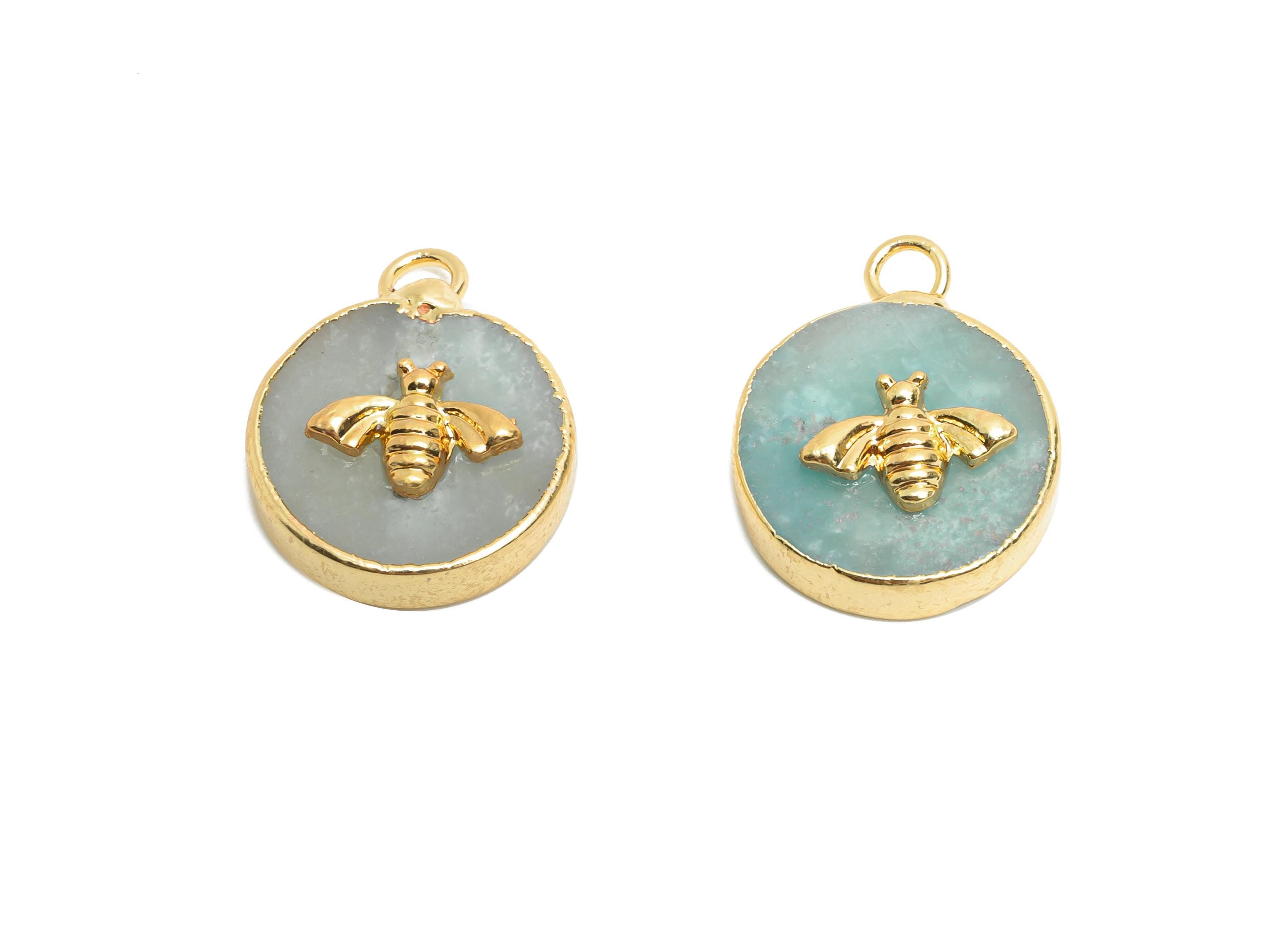 Amazonite Bee Pendant - Brass Elegant Bee Charm For Necklace - Round Bee Gold Frame Pendant - KC Gold Plating - 22x18x4.03mm - NS2881I - DOMEDBAZAAR