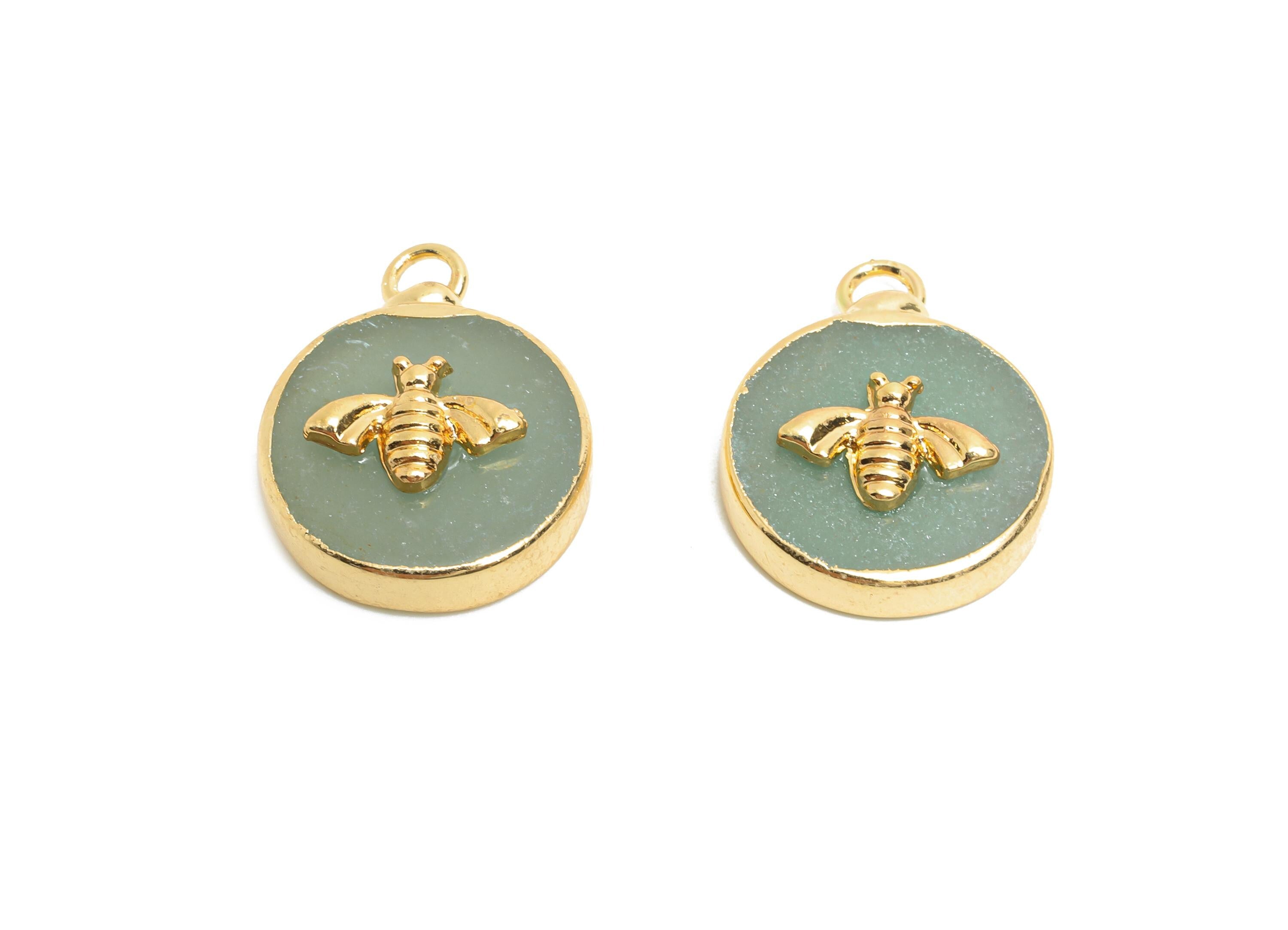 Green Aventurine Bee Pendant - Brass Elegant Bee Charm For Necklace - Round Bee Gold Frame Pendant - KC Gold Plating - 19x15x5mm-NS2881F - DOMEDBAZAAR