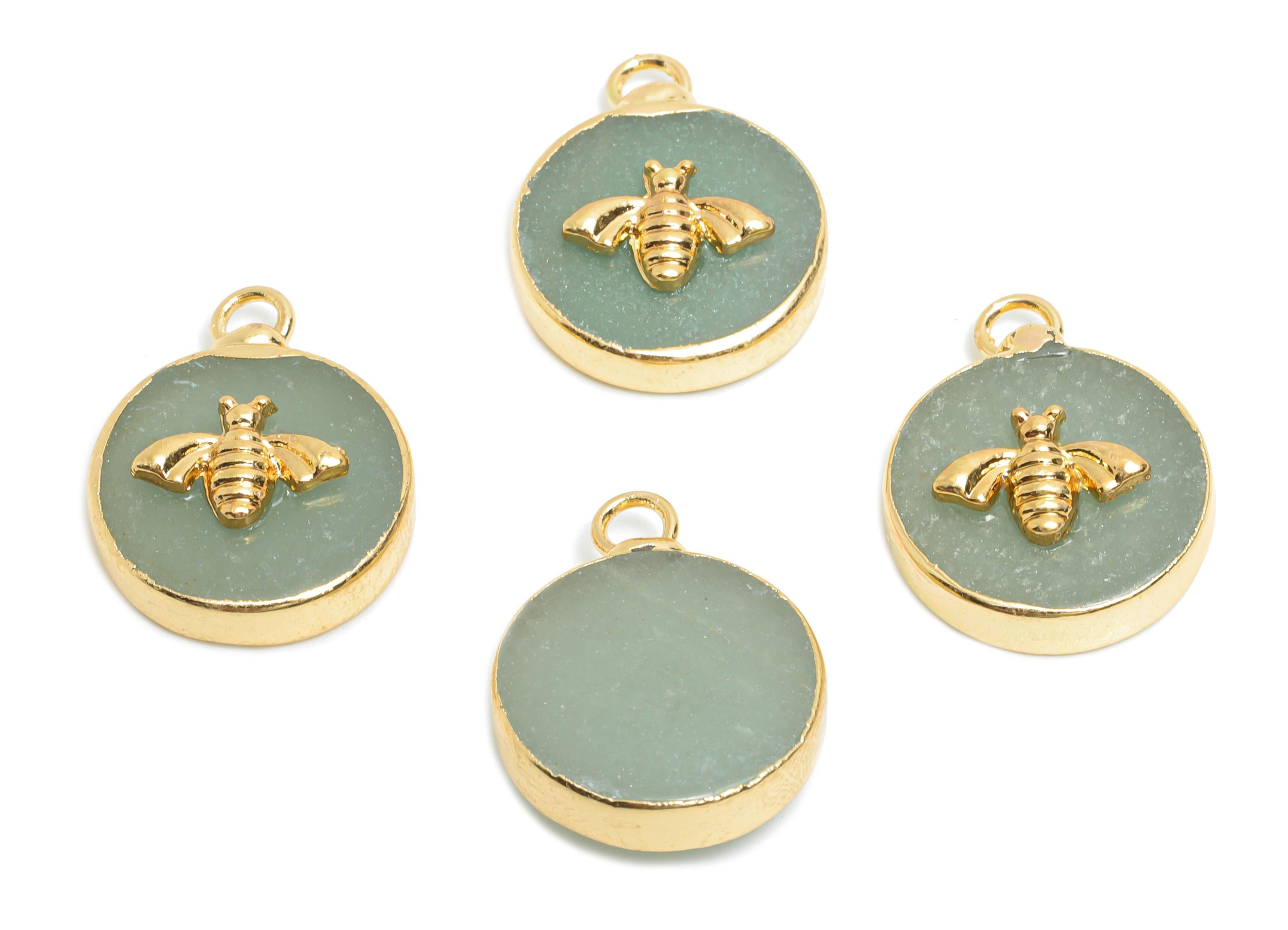 Green Aventurine Bee Pendant - Brass Elegant Bee Charm For Necklace - Round Bee Gold Frame Pendant - KC Gold Plating - 19x15x5mm-NS2881F - DOMEDBAZAAR
