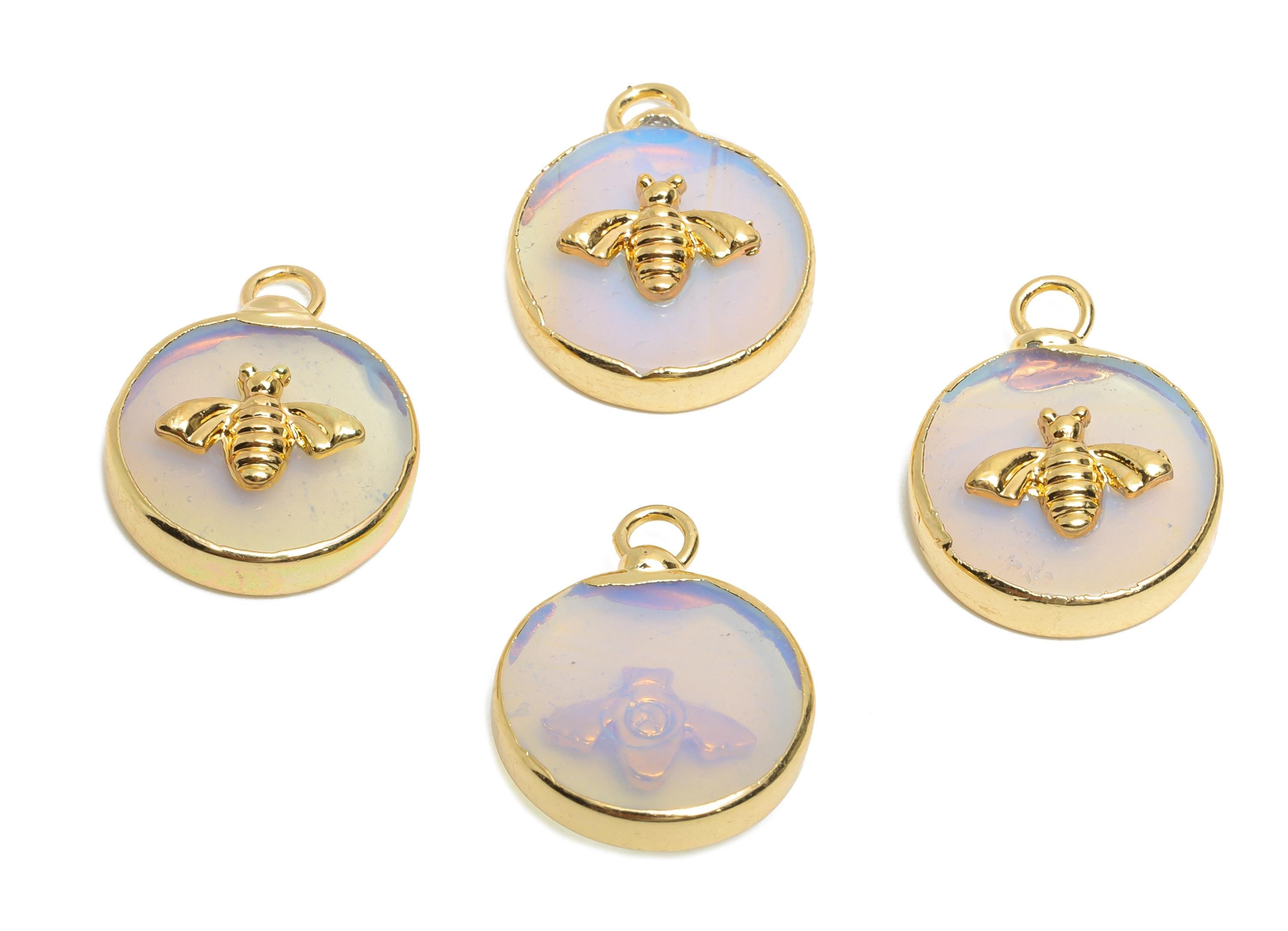 Opal Bee Pendant - Brass Elegant Bee Charm For Necklace - Round Bee Gold Frame Pendant - KC Gold Plating - 19x15x5.33mm - NS2881H - DOMEDBAZAAR