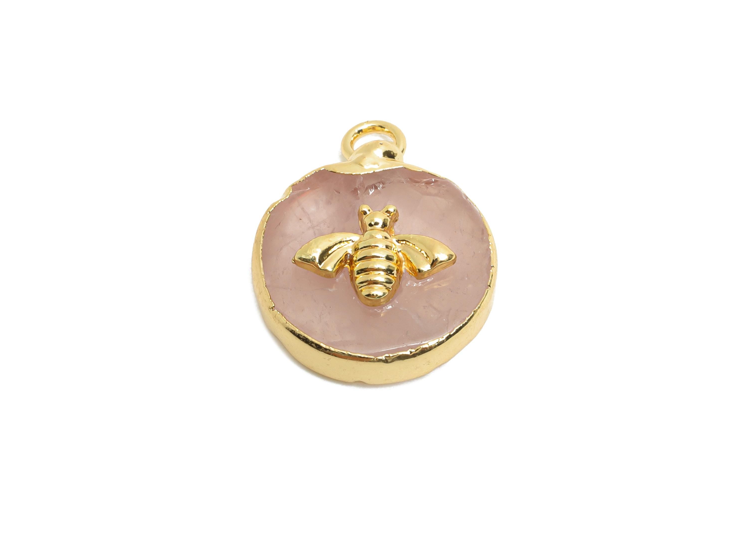 Rose Quartz Bee Pendant - Brass Elegant Bee Charm For Necklace - Round Bee Gold Frame Pendant - KC Gold Plating - 19x15x5mm - NS2881E - DOMEDBAZAAR