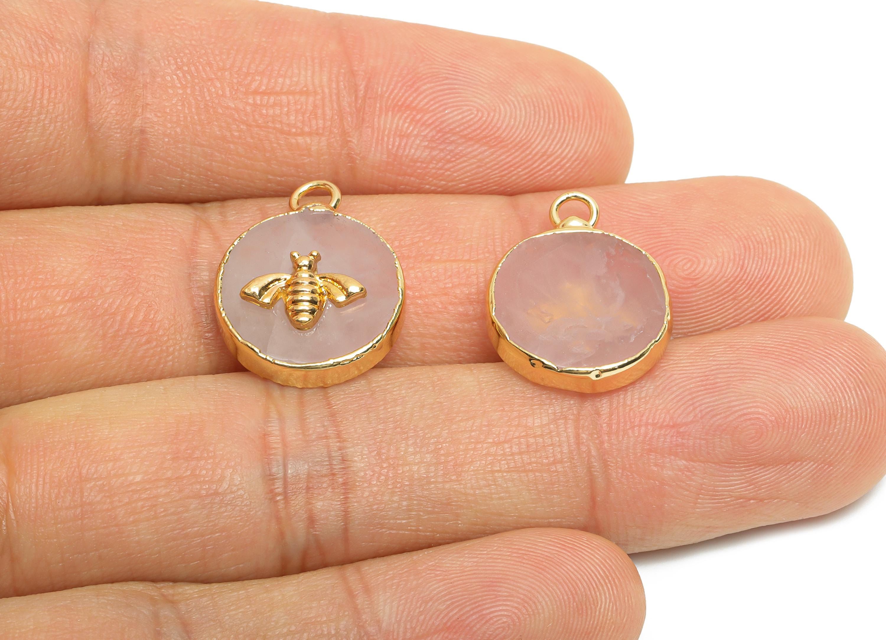 Rose Quartz Bee Pendant - Brass Elegant Bee Charm For Necklace - Round Bee Gold Frame Pendant - KC Gold Plating - 19x15x5mm - NS2881E - DOMEDBAZAAR