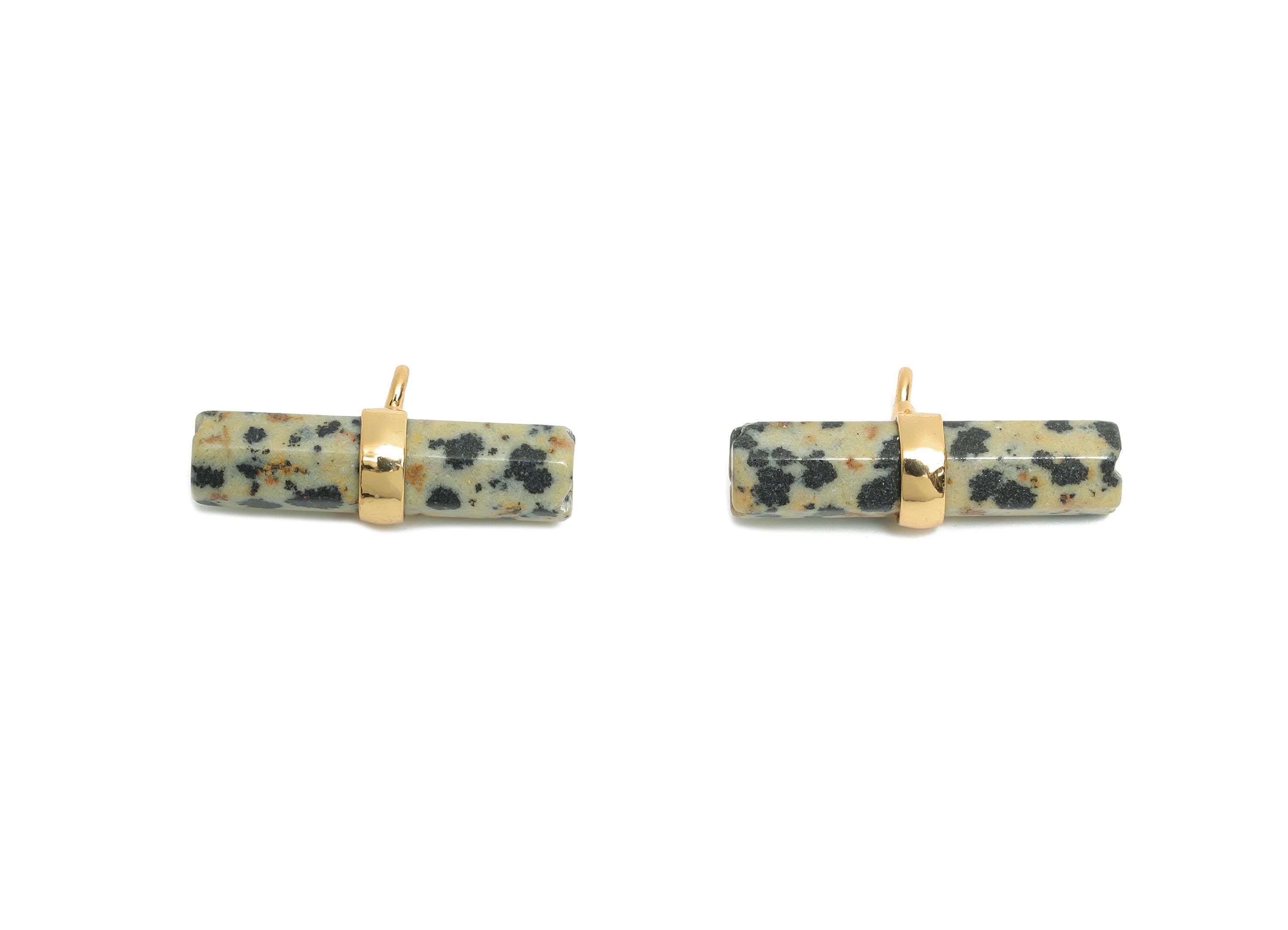 Dalmatian Stone Bar Pendant - Brass Rectangular Stone Charm For Necklace - Modern Stone Jewelry - KC Gold Plating - 22x11x6mm - NS2882F - DOMEDBAZAAR