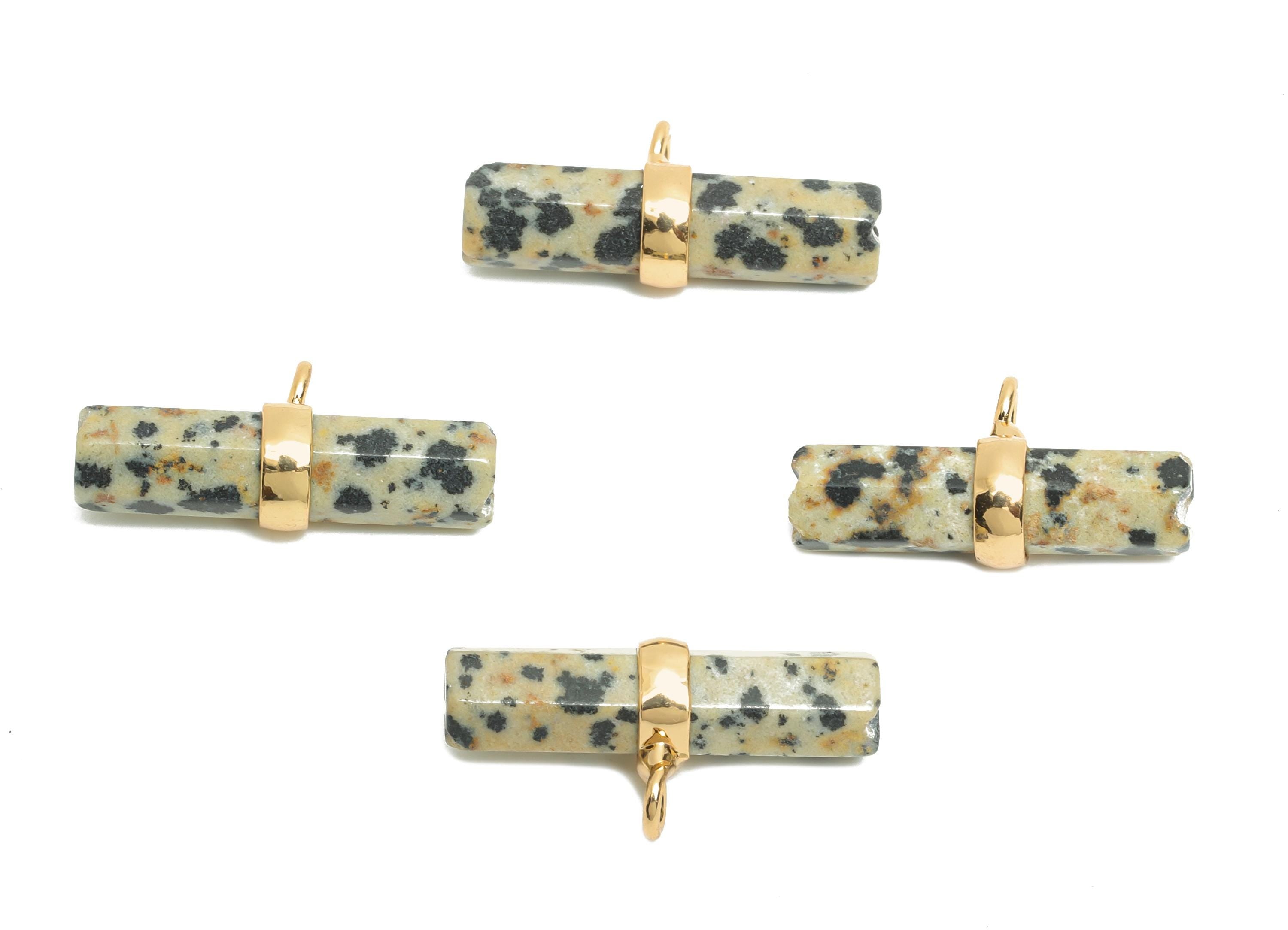 Dalmatian Stone Bar Pendant - Brass Rectangular Stone Charm For Necklace - Modern Stone Jewelry - KC Gold Plating - 22x11x6mm - NS2882F - DOMEDBAZAAR