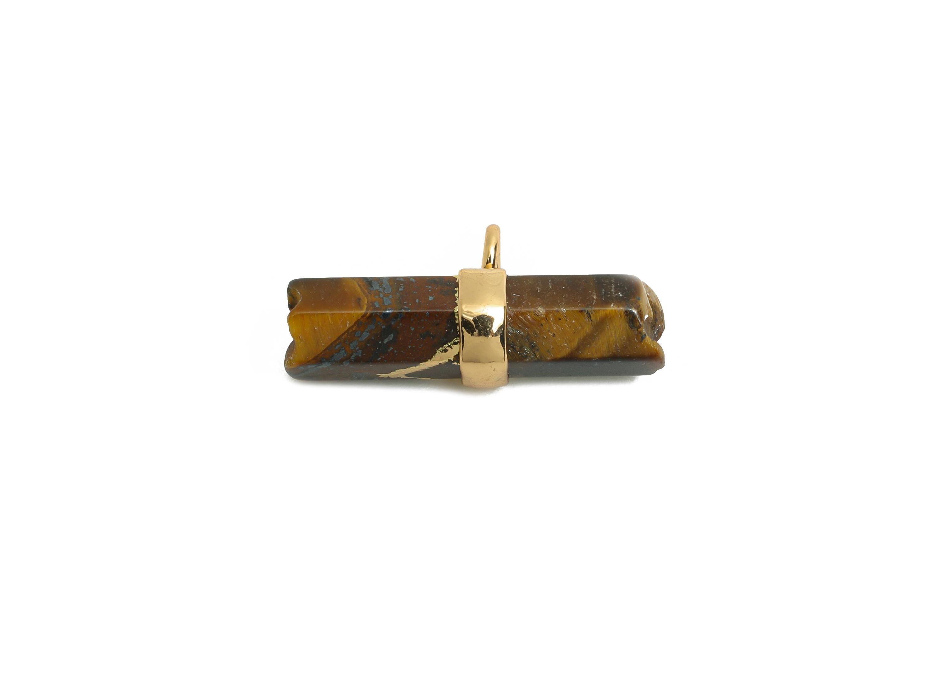 Tigereye Stone Bar Pendant - Brass Rectangular Stone Charm For Necklace - Modern Stone Jewelry - KC Gold Plating - 21x11x6.73mm - NS2882B - DOMEDBAZAAR