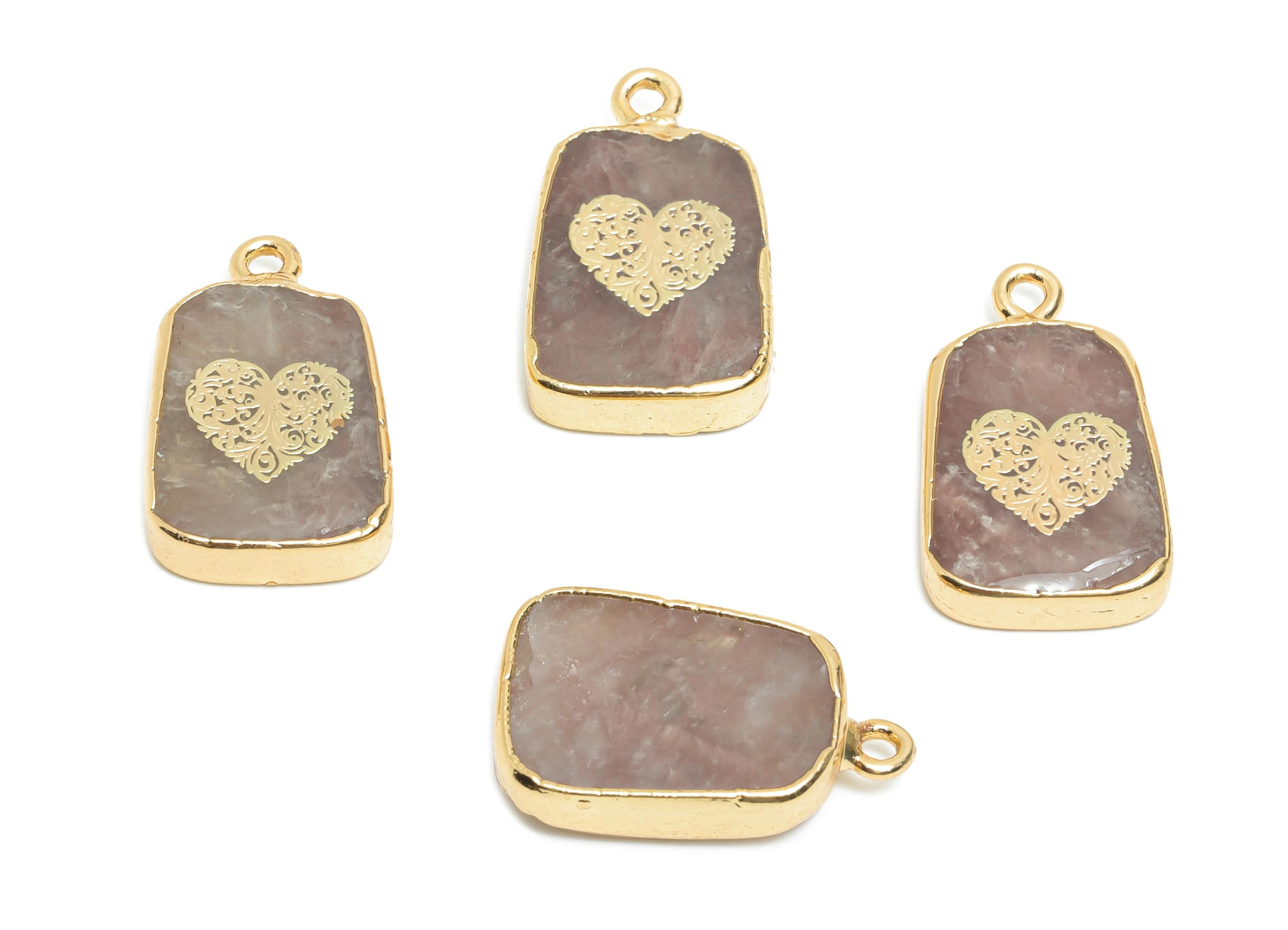 Strawberry Quartz Heart Pendant - Brass Heart For Handmade Necklace - Handcrafted Jewelry Piece - KC Gold Plating - 22x13x4mm - NS2874 - DOMEDBAZAAR