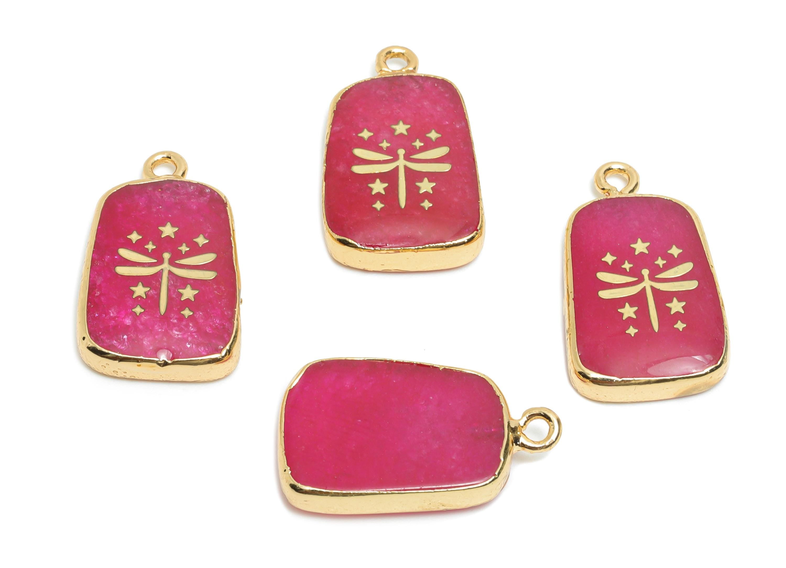 White Crystal Dyeing Pendant - Brass Dragonfly Stars Necklace Charm - Handcrafted Jewelry Piece - KC Gold Plating - 22x13x4mm - NS2871 - DOMEDBAZAAR