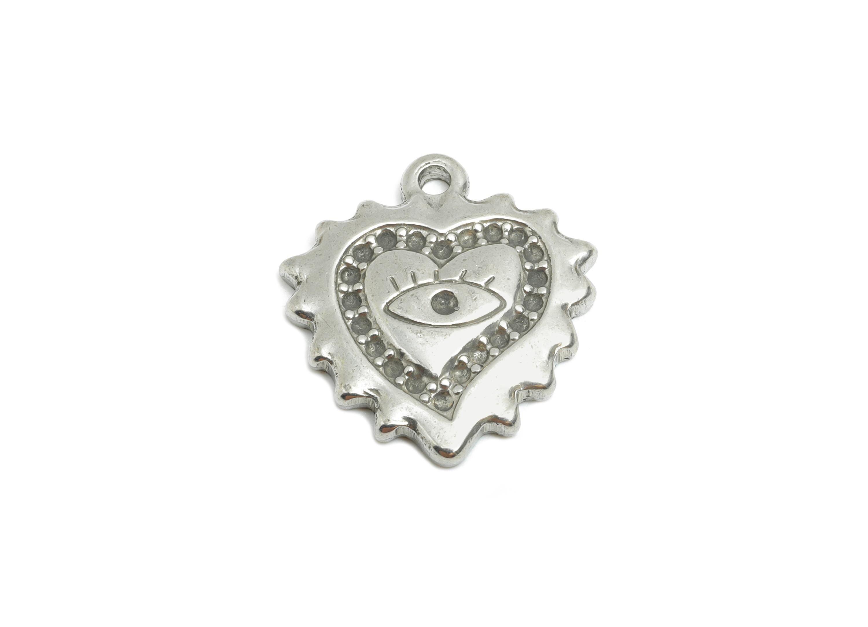 Stainless Steel Punk Heart Charms - Vintage Unique Eye Jewelry - Romantic Steel Protection Symbol - Good Luck Charm - 20x18x2.76mm - SS1841 - DOMEDBAZAAR