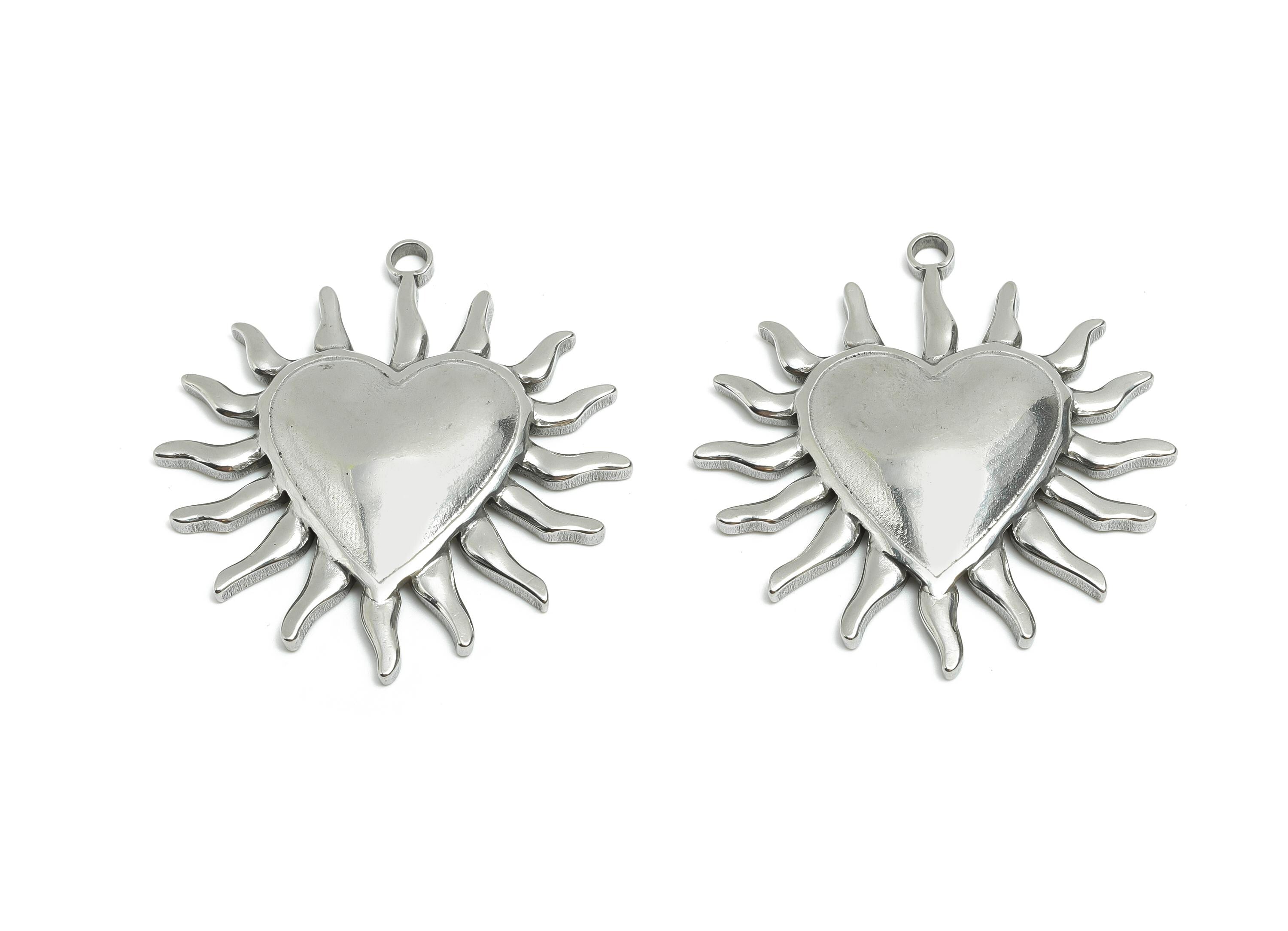 Stainless Steel Heart Charms - Sunburst Heart Necklace Pendant - Modern Silver Heart Charm - Punk Rock Steel Charm - 40x37x4.66mm - SS1882 - DOMEDBAZAAR