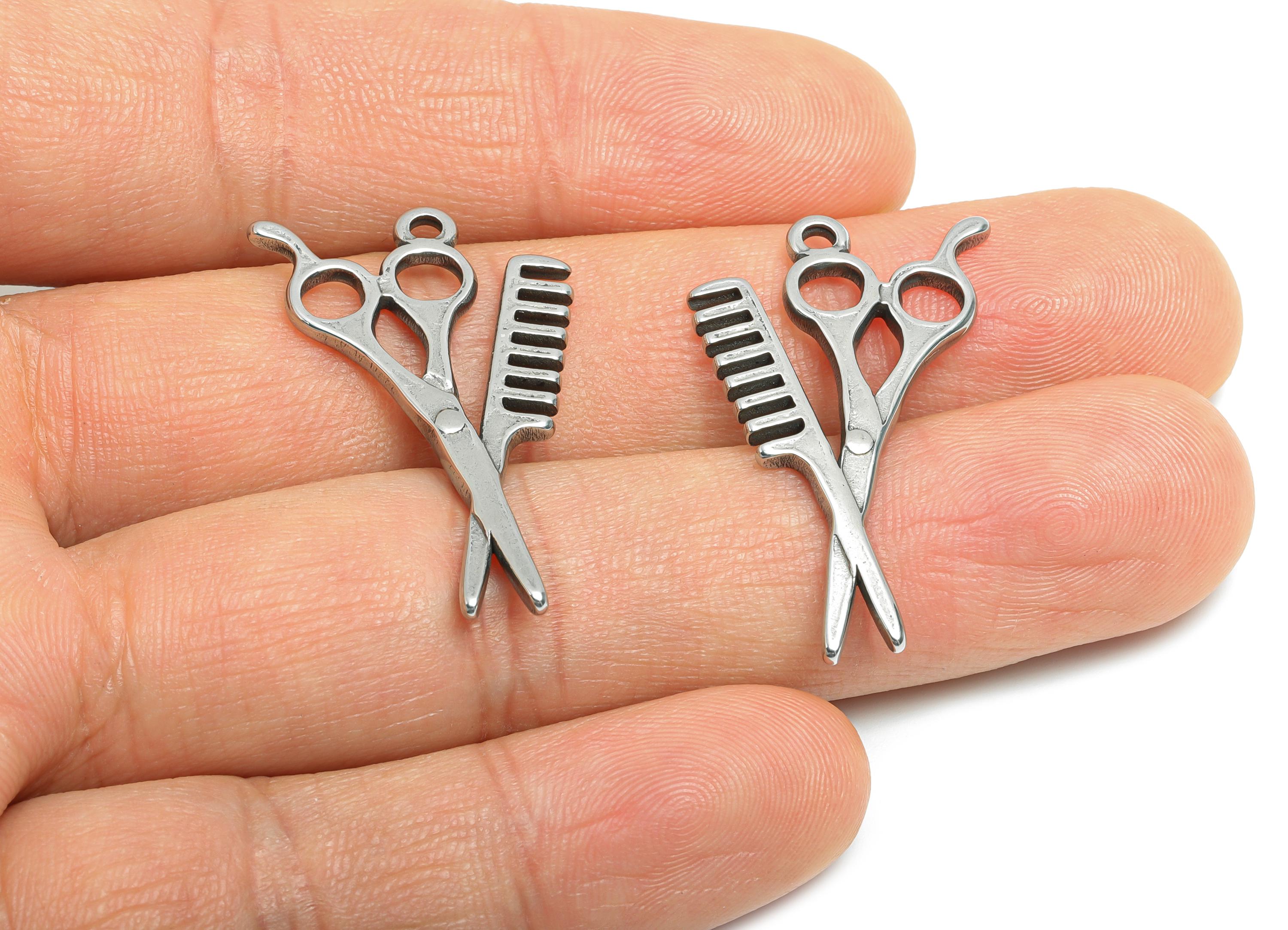 Steel Scissors and Comb Charms - Unique Silver Tool Pendant - Hair Styling Tools Design - Gift for Hair Stylist - 33.7x20.6x1.76mm - SS1957 - DOMEDBAZAAR