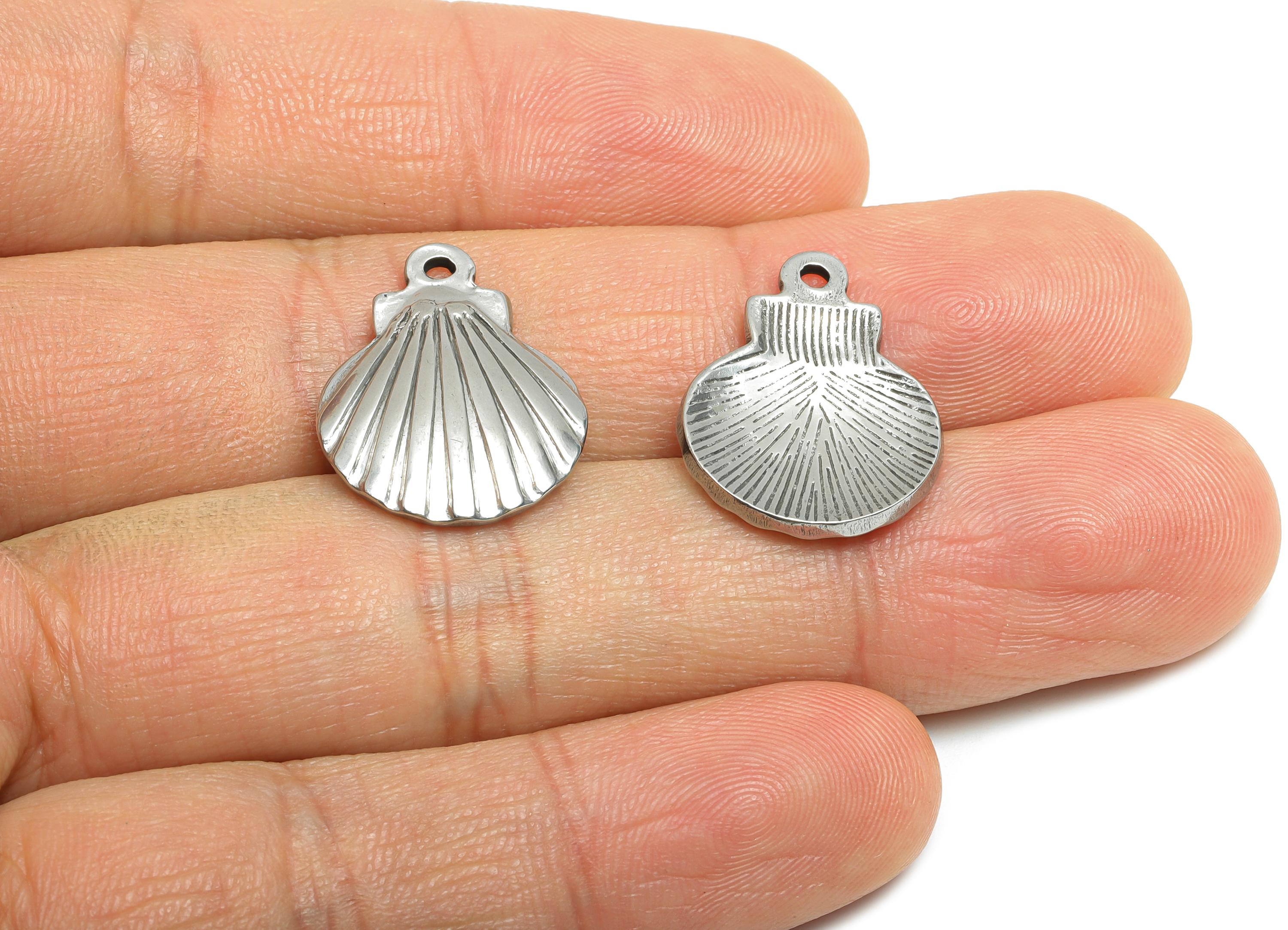 Stainless Steel Shell Charm - Textured Silver Shell Bracelet Charm - Simple Marine Charm - Minimalist Jewelry DIY - 20.56x16x2.75mm - SS1802 - DOMEDBAZAAR