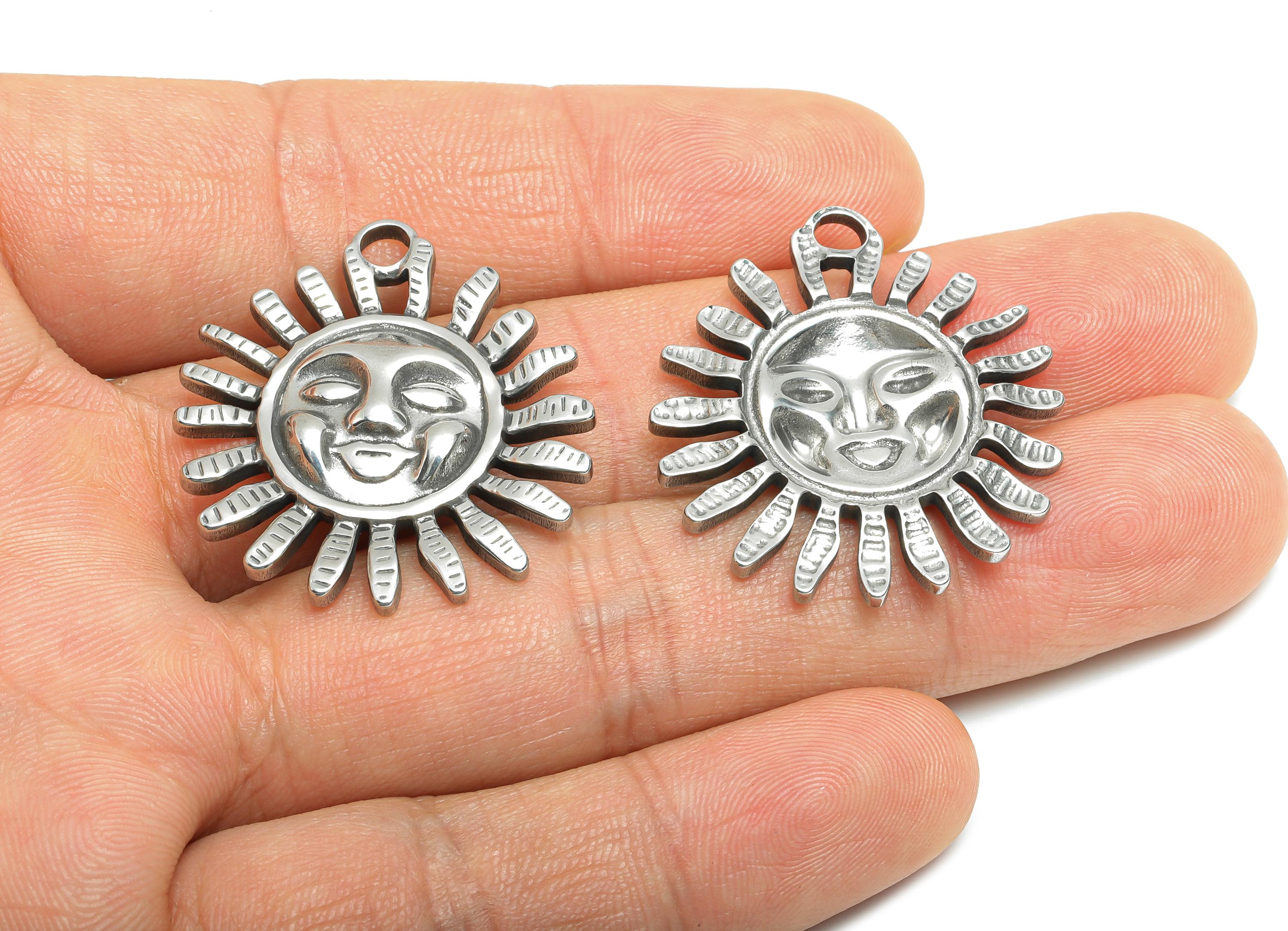 Steel Sun Face Charm - Shining Celestial Sun Pendant - Happy Sun Design - Boho Sun Necklace Pendant - Steel Jewelry - 33x29.5x3.6mm - SS1975 - DOMEDBAZAAR