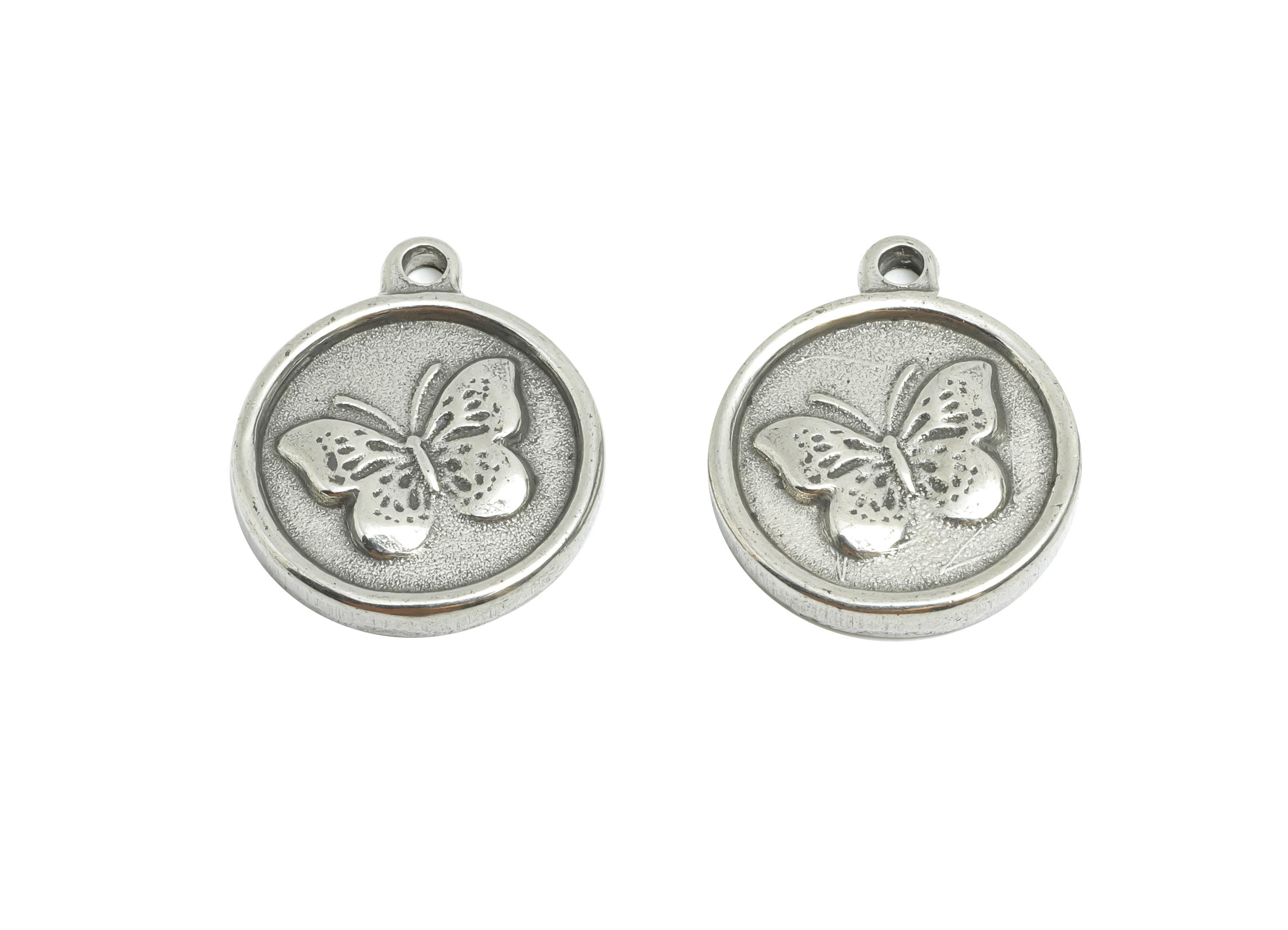 Steel Butterfly Charm - Detailed Round Silver Insect Charm - Vintage Flying Butterfly Charm - Minimalist Jewelry - 18.17x15x2.45mm - SS1946 - DOMEDBAZAAR
