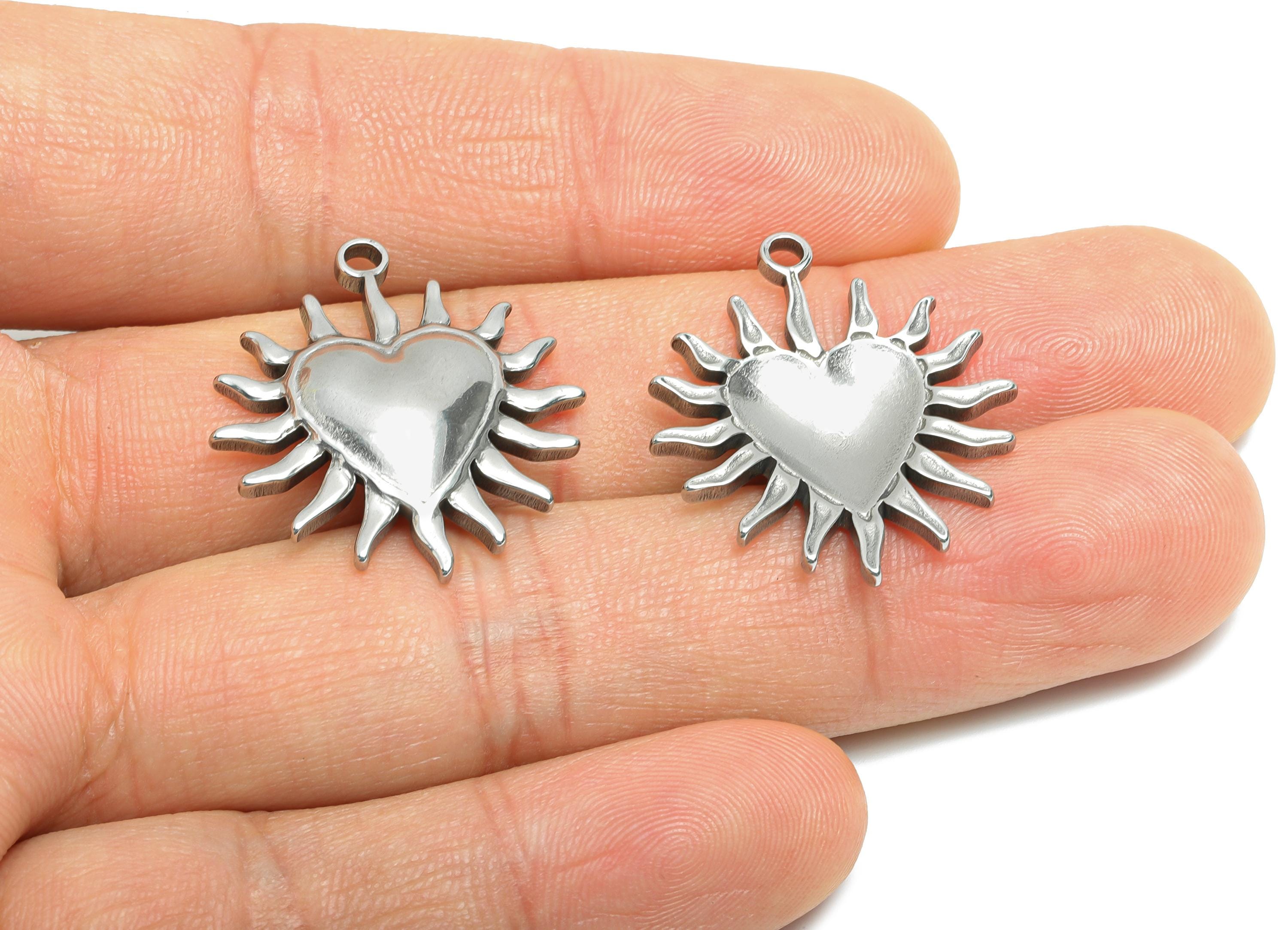 Stainless Steel Heart Charms - Sunburst Heart Necklace Pendant - Modern Silver Heart Charm - Punk Rock Steel Charm - 27x24x4.07mm - SS1740 - DOMEDBAZAAR