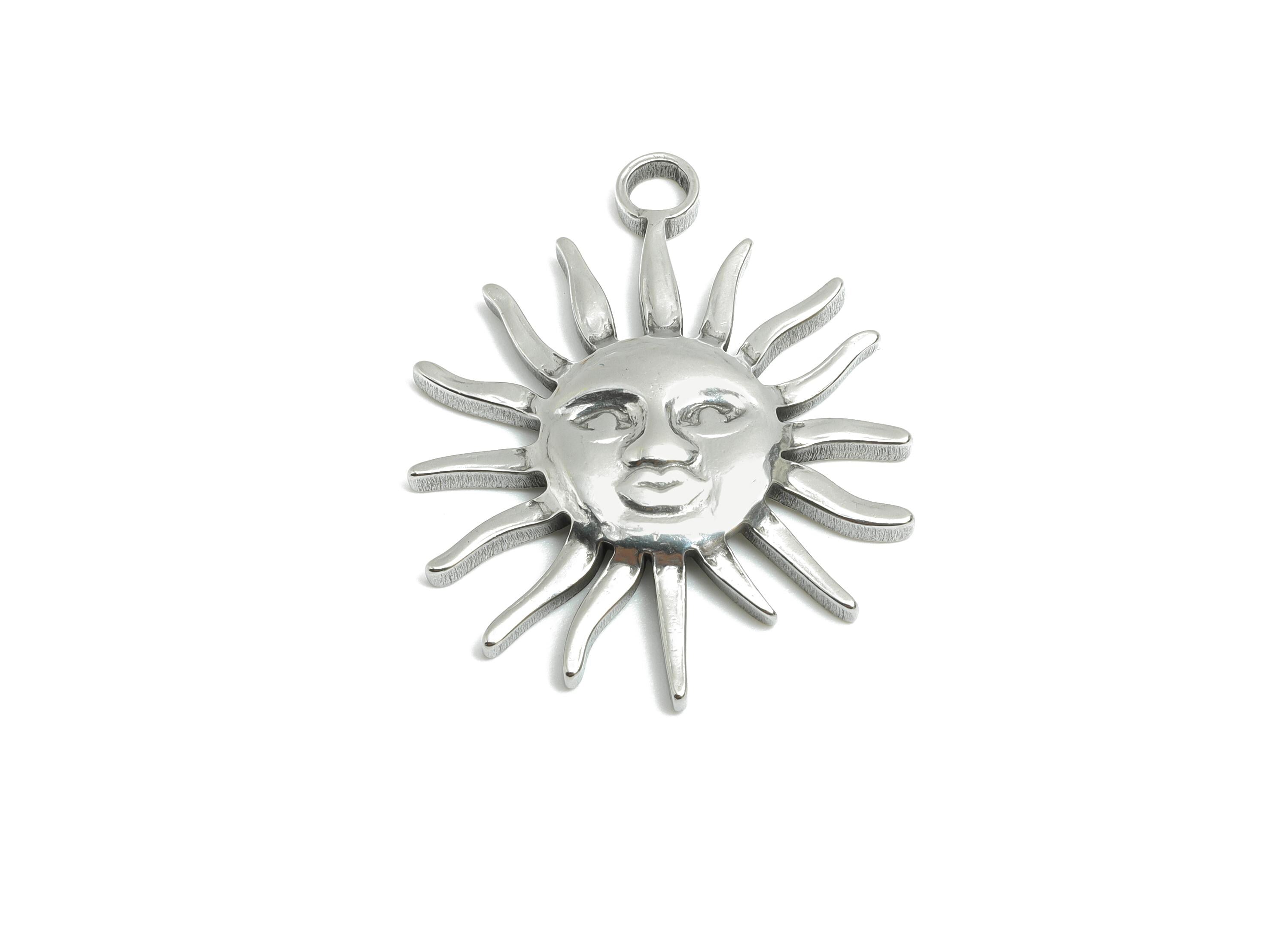 Steel Sun Face Pendant - Radiant Sun Charm For Necklace - Vintage Solar Energy Symbol Charm - Stainless Steel Jewelry - 30x24x3mm - SS1981 - DOMEDBAZAAR