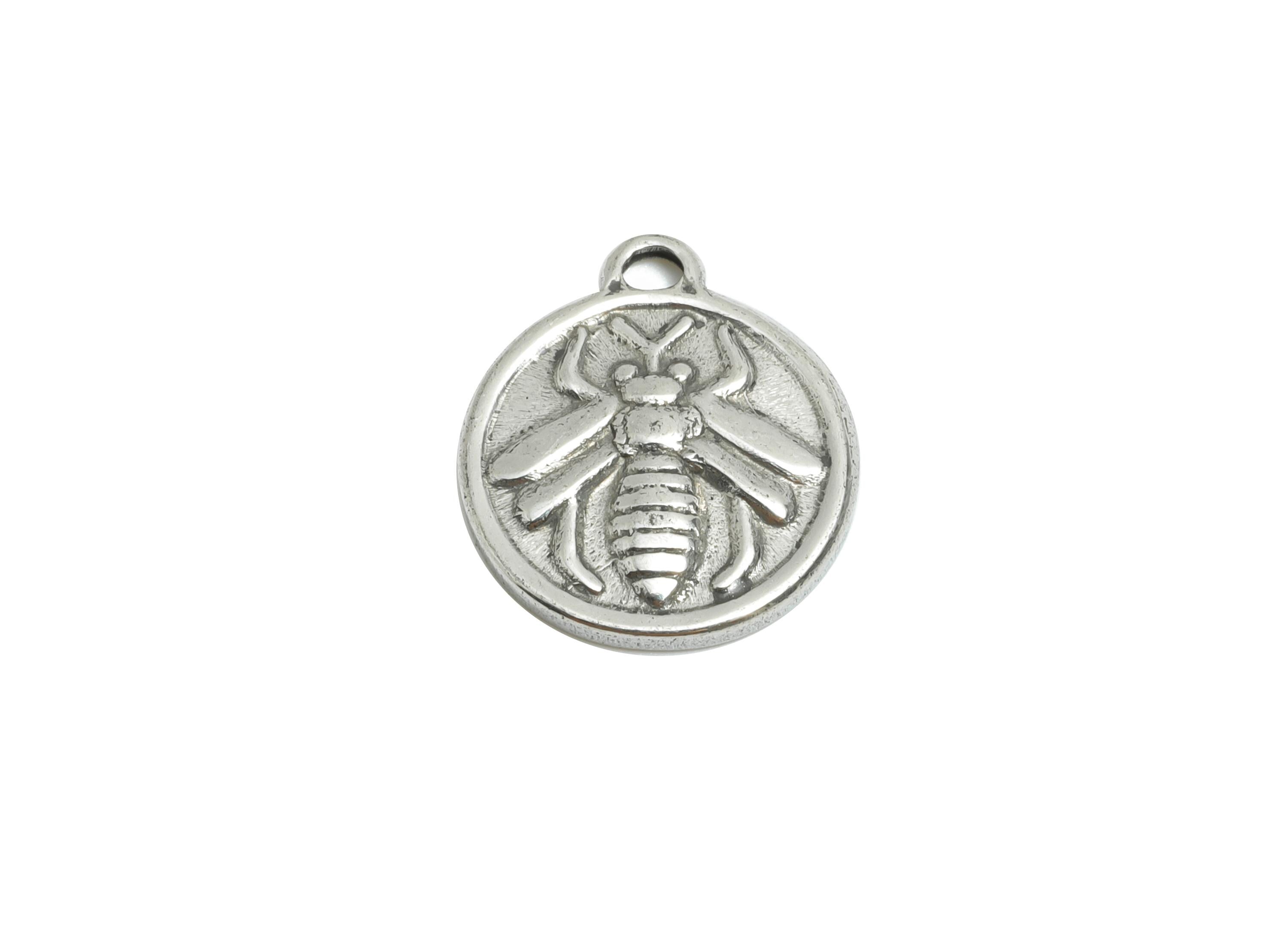 Steel Bee Charm - Detailed Silver Insect Charm - Vintage Bee Coin Round Charm - Stainless Steel Jewelry - 14.5x12.68x2.02mm - SS1669 - DOMEDBAZAAR
