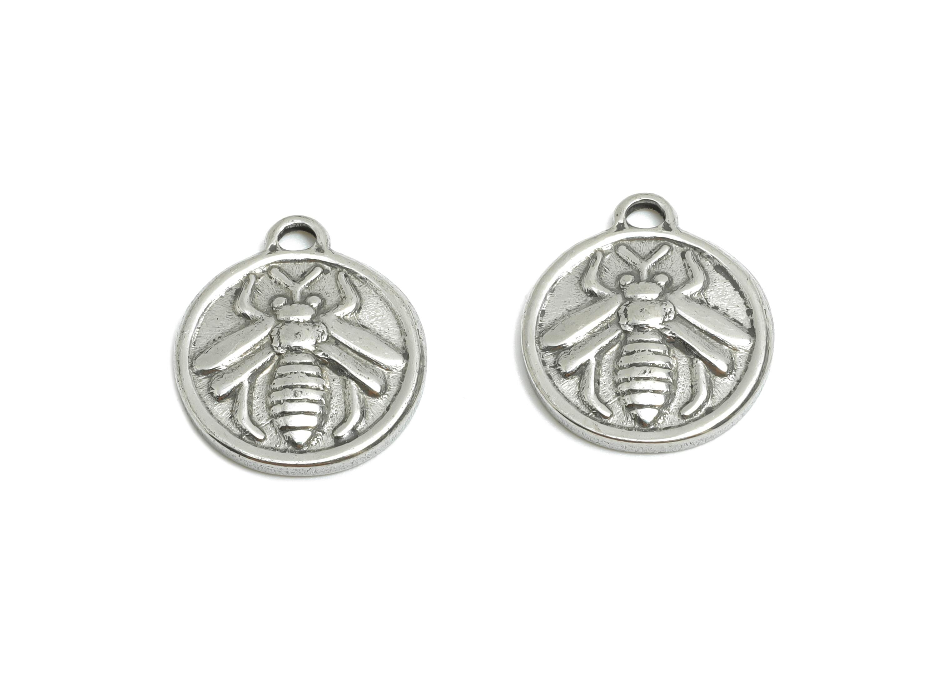 Steel Bee Charm - Detailed Silver Insect Charm - Vintage Bee Coin Round Charm - Stainless Steel Jewelry - 14.5x12.68x2.02mm - SS1669 - DOMEDBAZAAR
