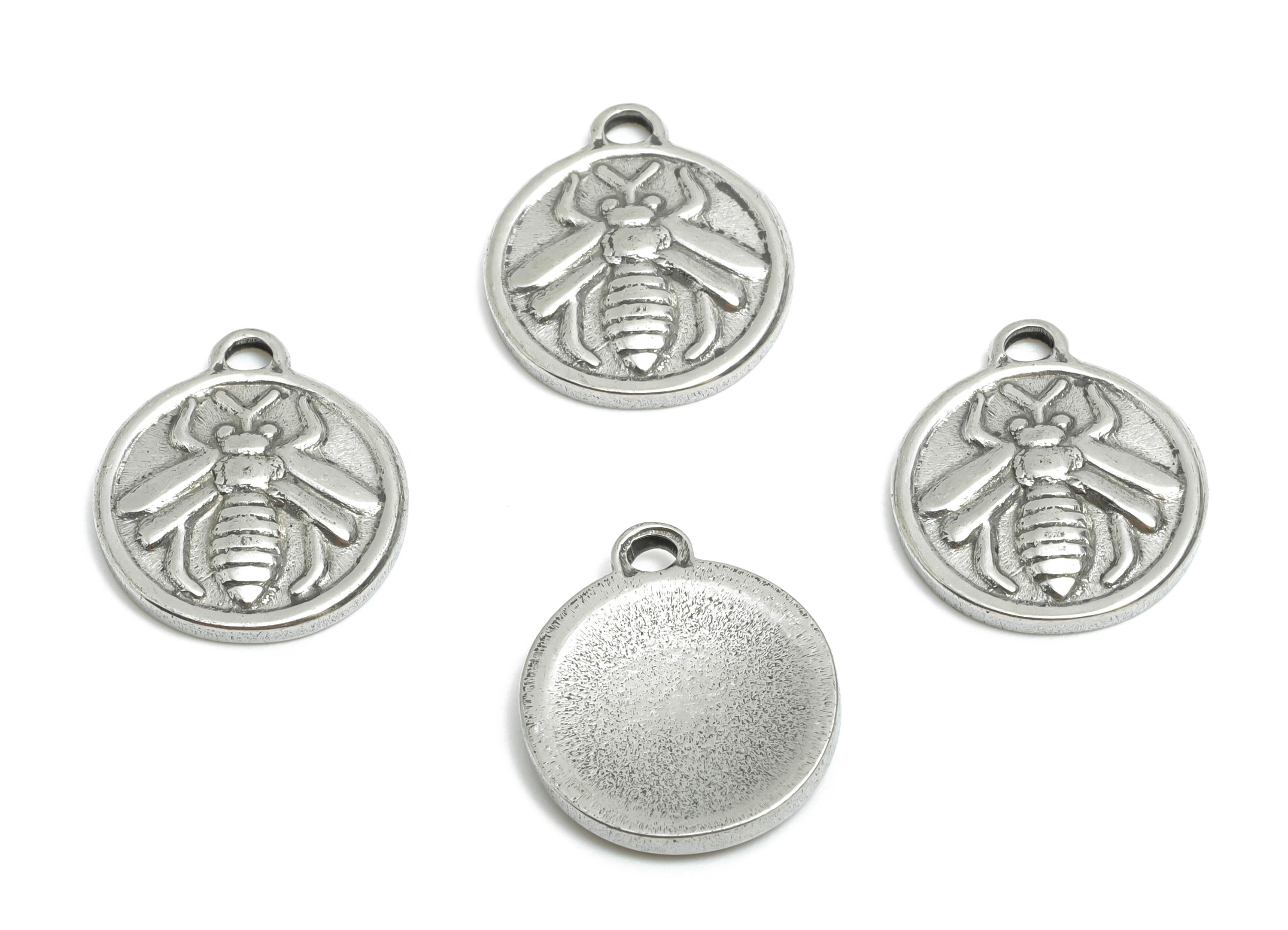 Steel Bee Charm - Detailed Silver Insect Charm - Vintage Bee Coin Round Charm - Stainless Steel Jewelry - 14.5x12.68x2.02mm - SS1669 - DOMEDBAZAAR