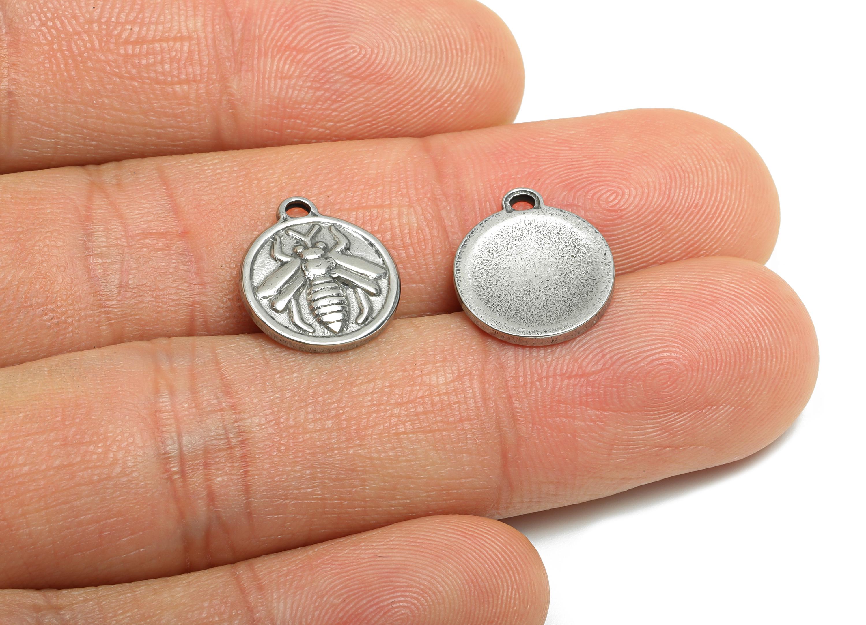 Steel Bee Charm - Detailed Silver Insect Charm - Vintage Bee Coin Round Charm - Stainless Steel Jewelry - 14.5x12.68x2.02mm - SS1669 - DOMEDBAZAAR