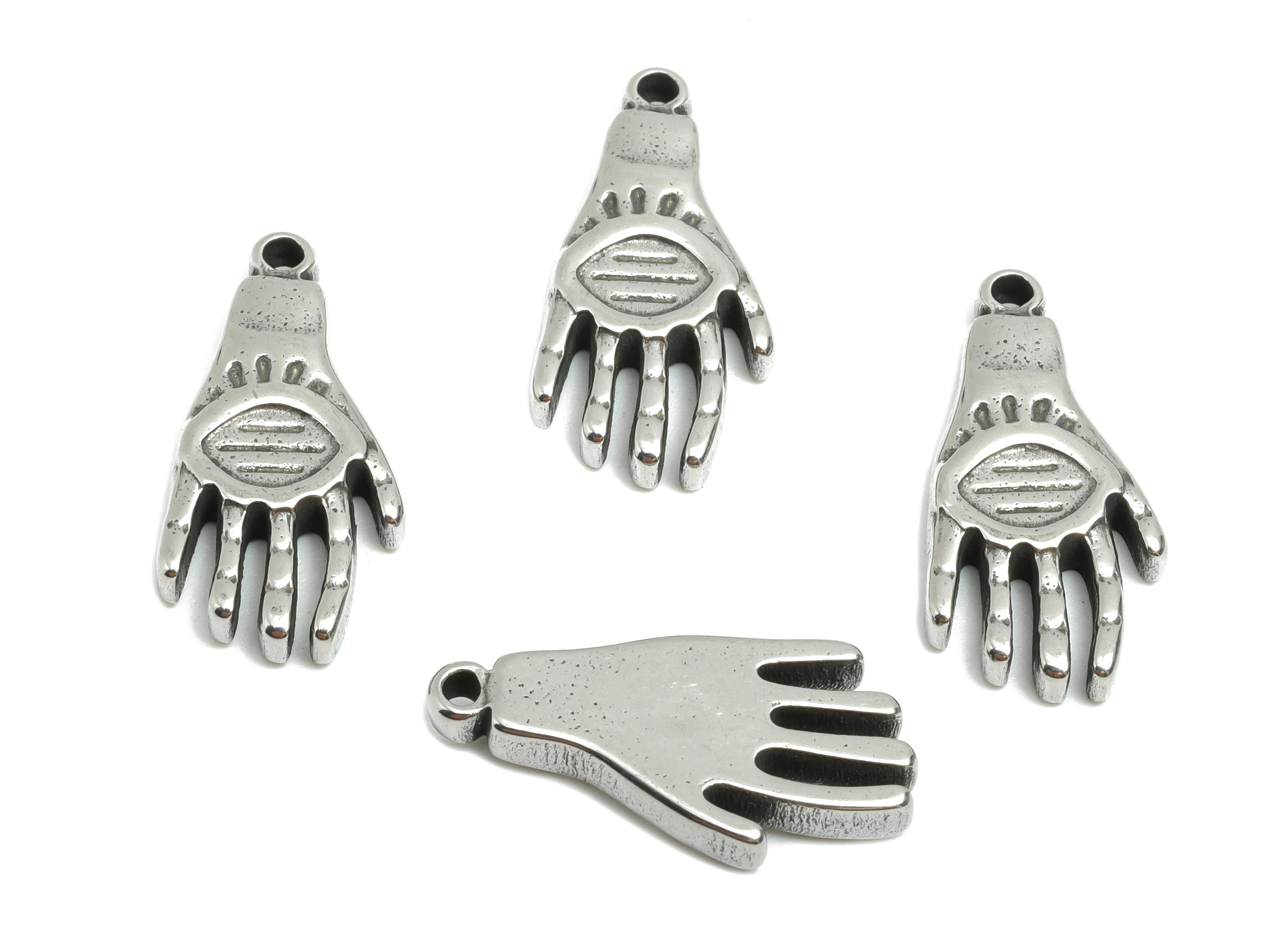 Steel Hand Earring Charm - Mystical Palm Charm For Bracelet - Eye in Hand Charm - Protective Hand Symbol - Steel Jewelry - 21x10x3mm -SS1940 - DOMEDBAZAAR
