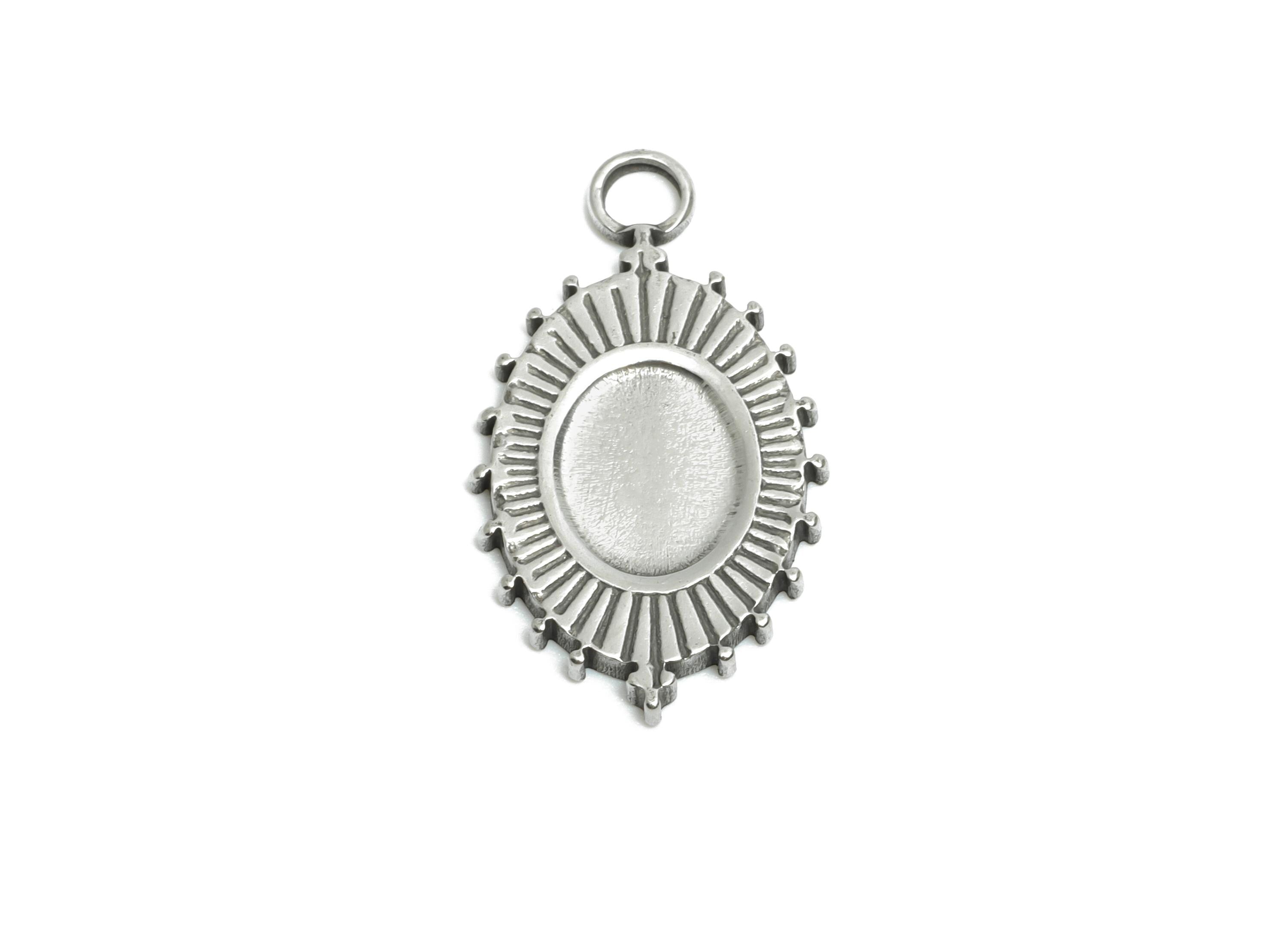 Steel Oval Sunburst Charm - Vintage Textured Pendant for Necklace - Radiant Geometric Sun Design - Steel Jewelry - 21.88x12x1.48mm - SS1912 - DOMEDBAZAAR