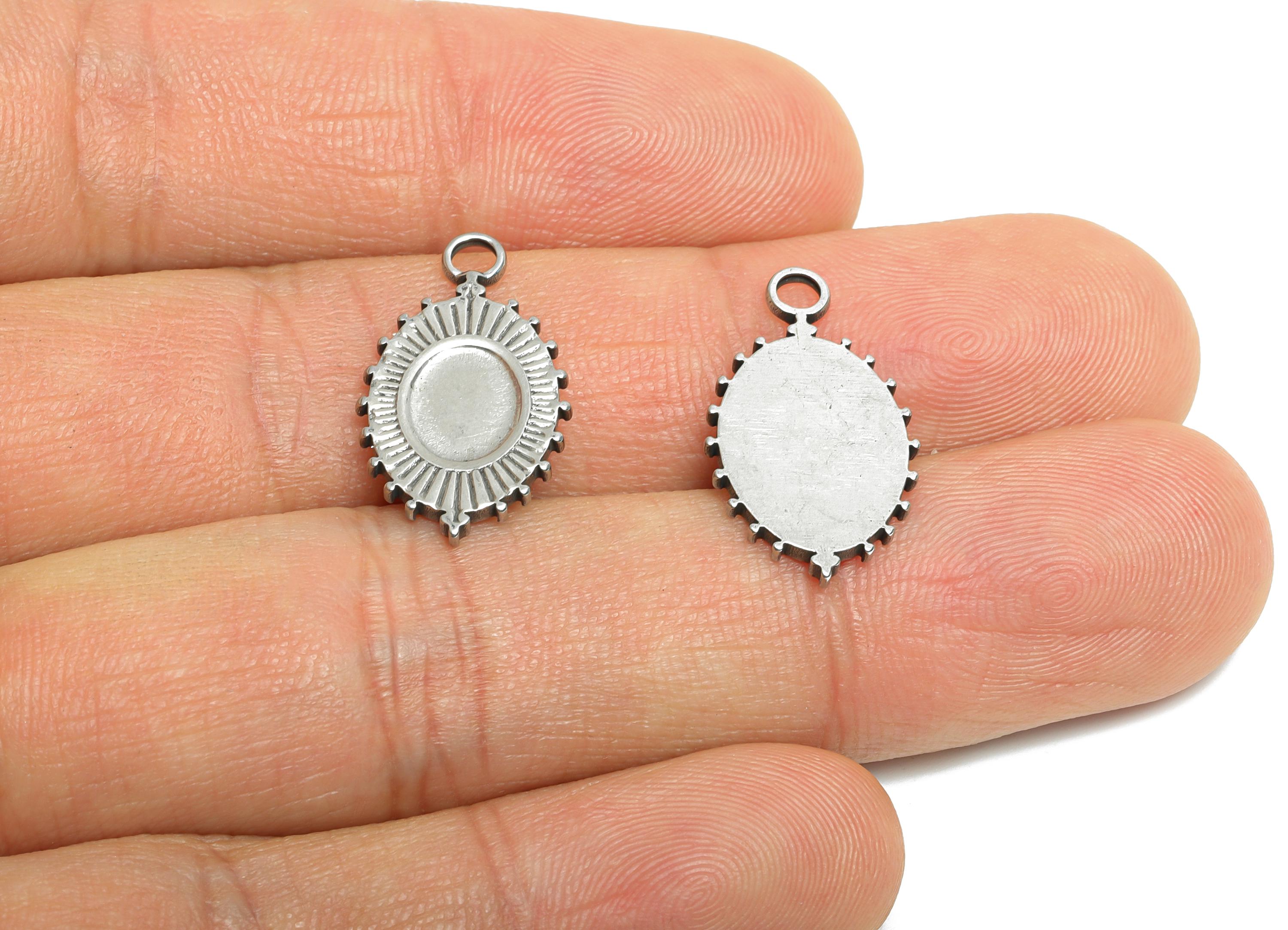 Steel Oval Sunburst Charm - Vintage Textured Pendant for Necklace - Radiant Geometric Sun Design - Steel Jewelry - 21.88x12x1.48mm - SS1912 - DOMEDBAZAAR