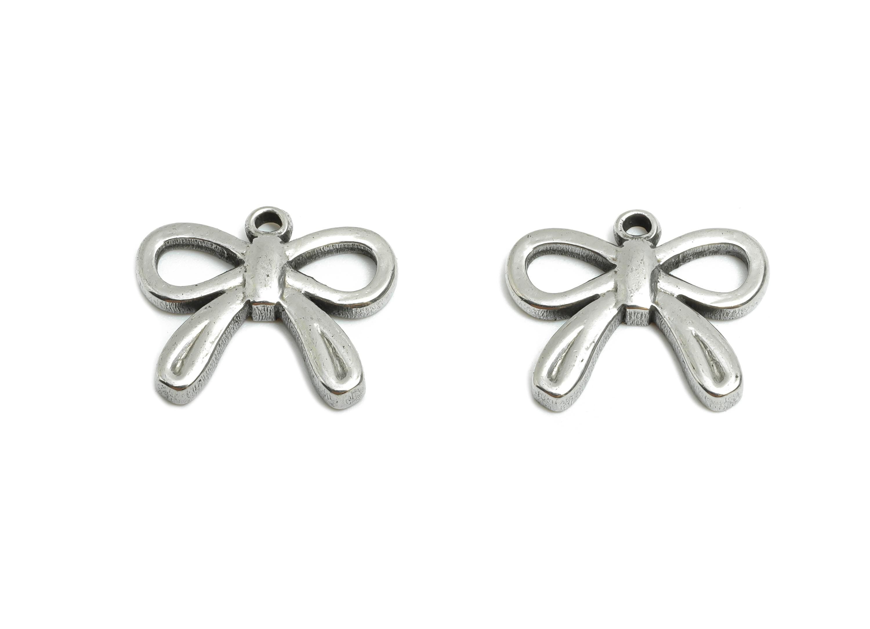 Stainless Steel Bow Pendant - Steel Ribbon Charms for Necklace - Jewelry Making Supplies - Chic Charm for Bracelet - 12x15x2.4mm - SS1838 - DOMEDBAZAAR