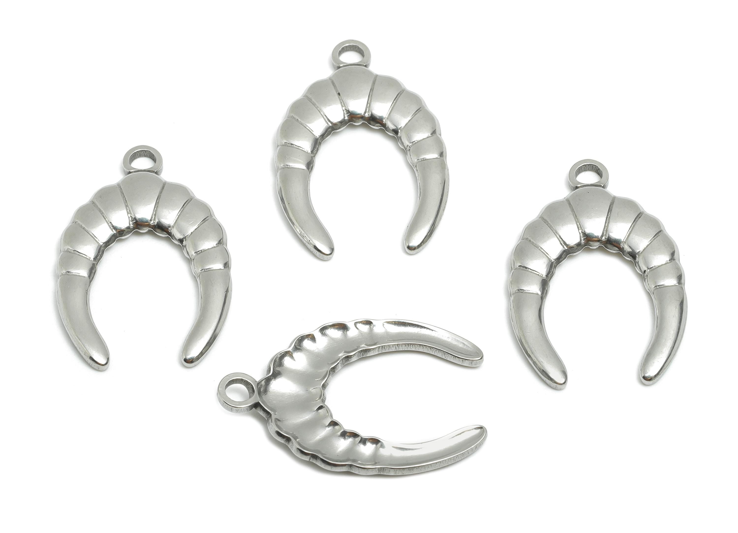 Stainless Steel Horn Charms - Minimalist Steel Textured Horn Pendant - Minimalist Horn For Necklace - Steel Jewelry - 25x16x2.5mm - SS1938 - DOMEDBAZAAR