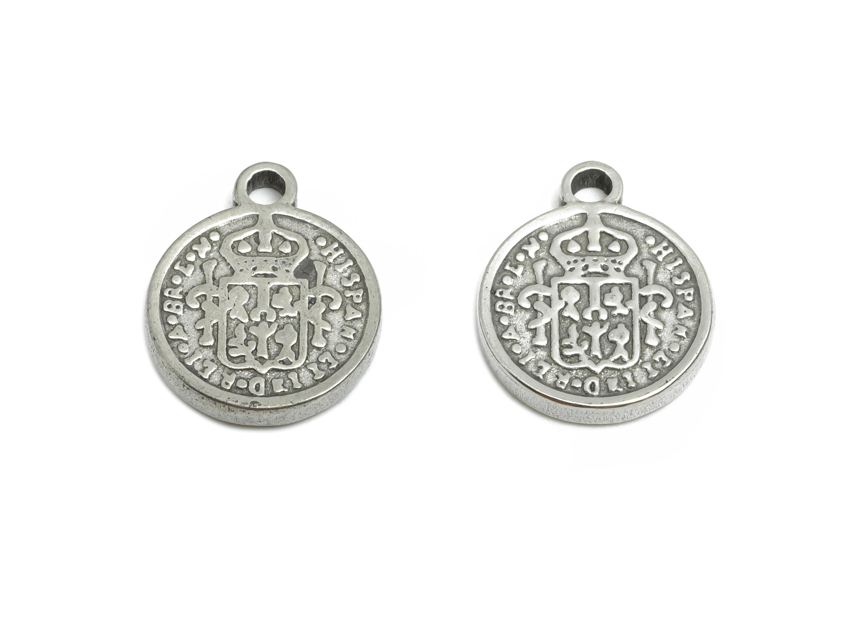 Stainless Steel Circle Charm - Vintage Royal Seal Pendant - Antique Royal Medal Pendant For Necklace - Spanish Coin Charm - 13x11x1mm-SS1933 - DOMEDBAZAAR