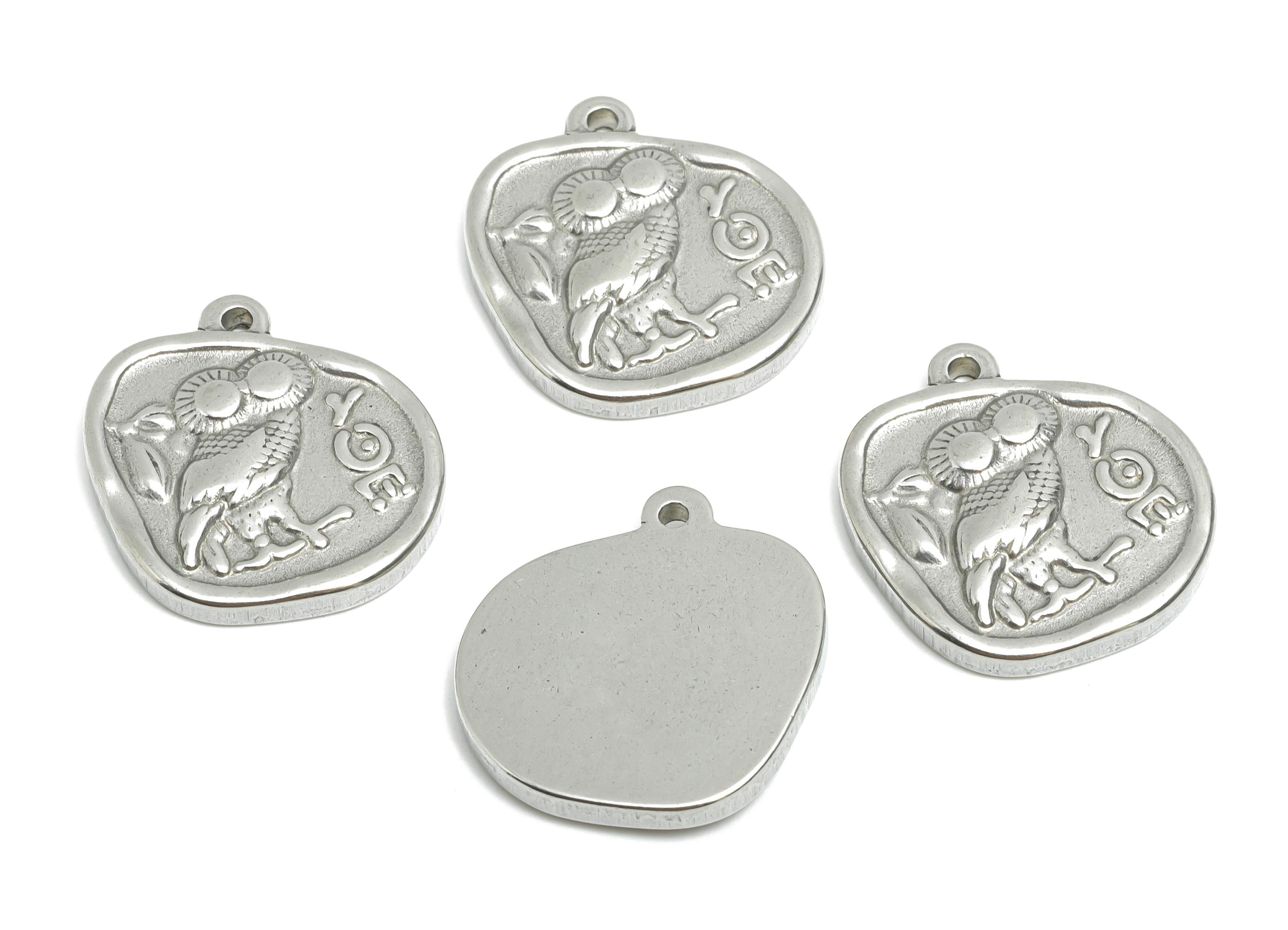 Steel Owl Coin Pendant - Wise Owl Pendant for Necklace - Vintage Owl Coin Greek Inscription Pendant - Steel Finding - 19x19x2mm - SS1970 - DOMEDBAZAAR
