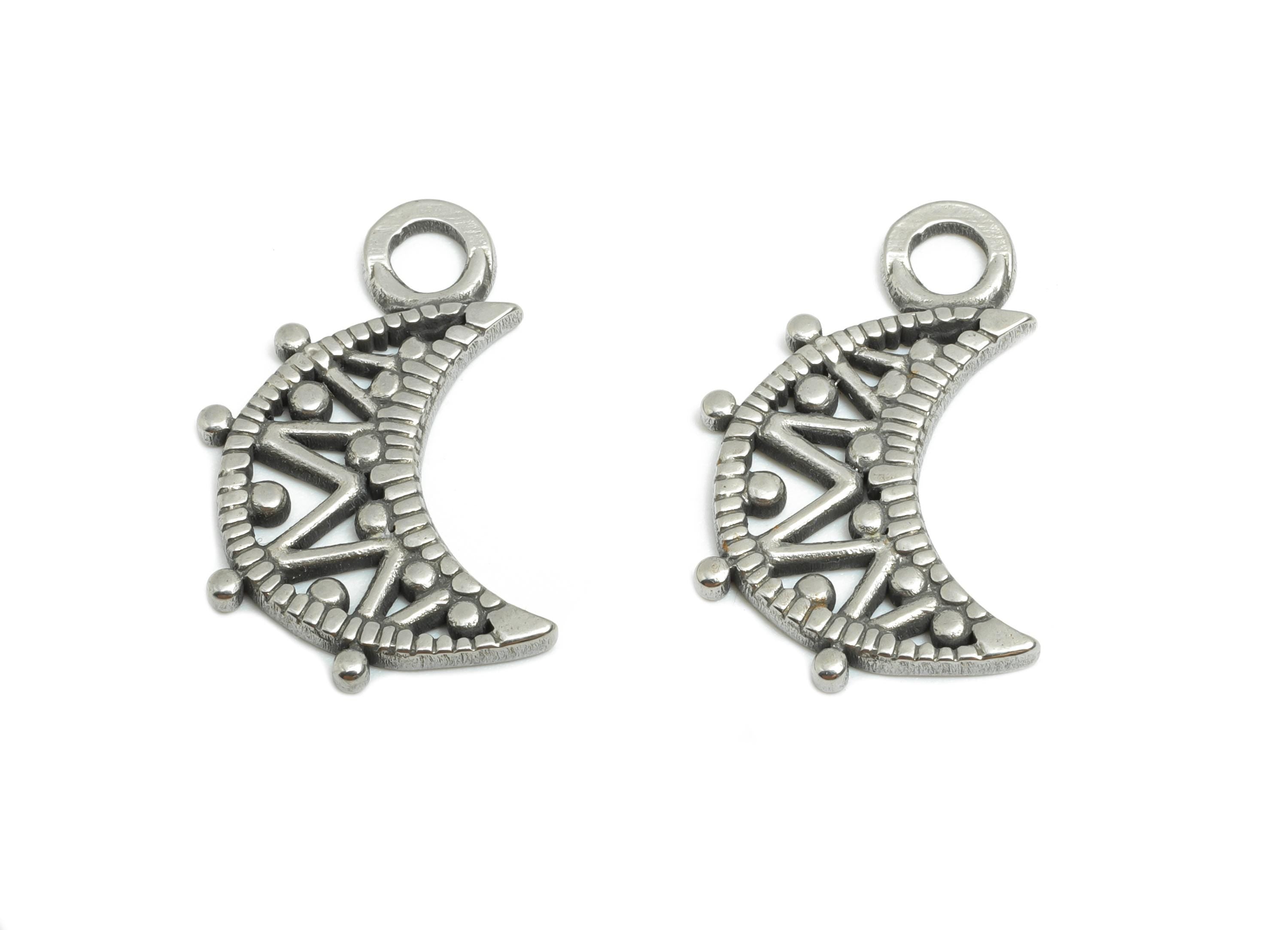 Stainless Steel Crescent Charms - Celestial Moon Pendant for Necklace - Moon Mandala Charm - Steel Finding - 21x12x1.36mm - SS1954 - DOMEDBAZAAR