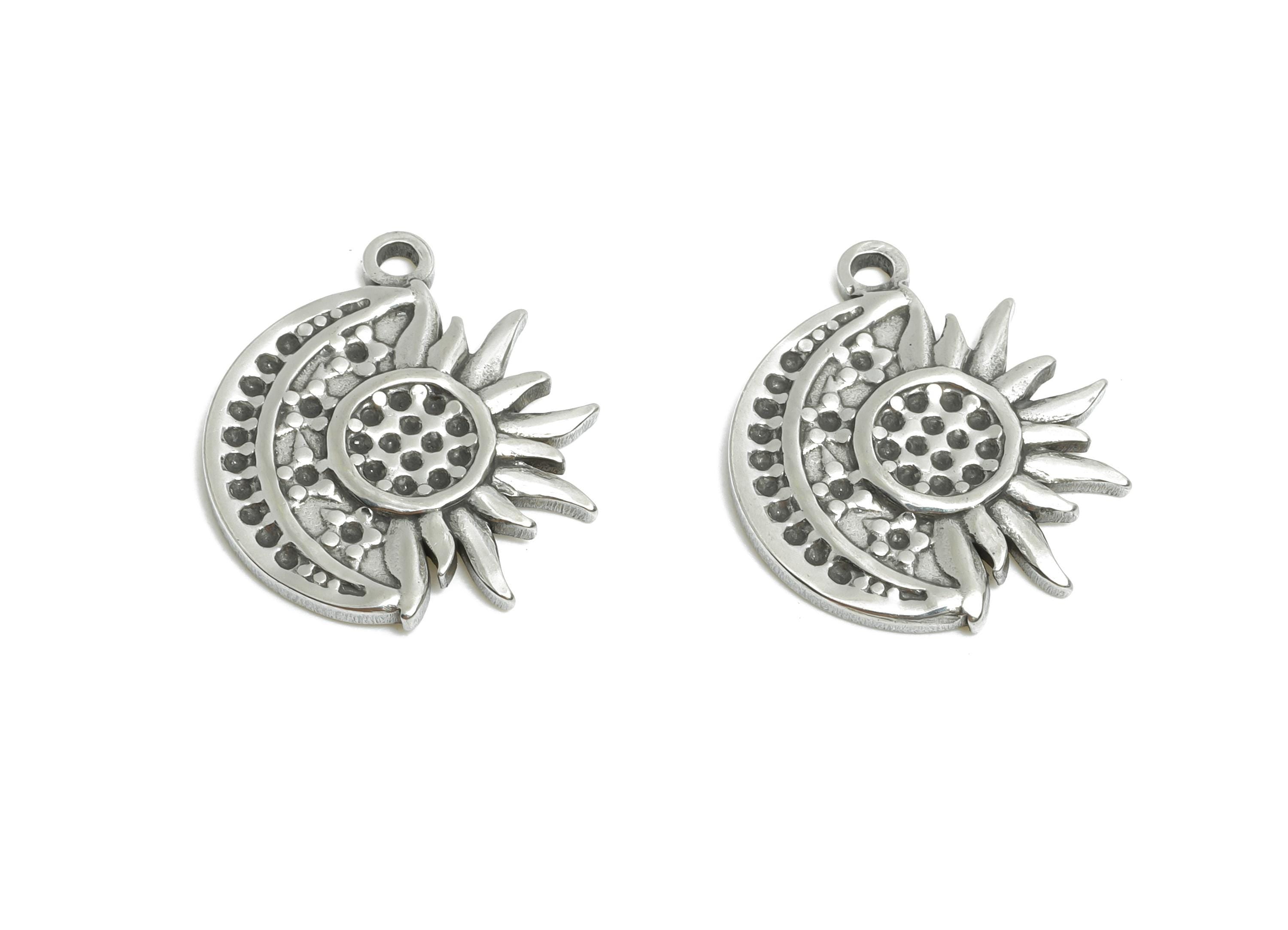 Steel Crescent Charms - Celestial Sunflower Pendant for Necklace - Sun and Moon Spiritual Charm - Steel Finding - 18x15x1.77mm - SS1895 - DOMEDBAZAAR