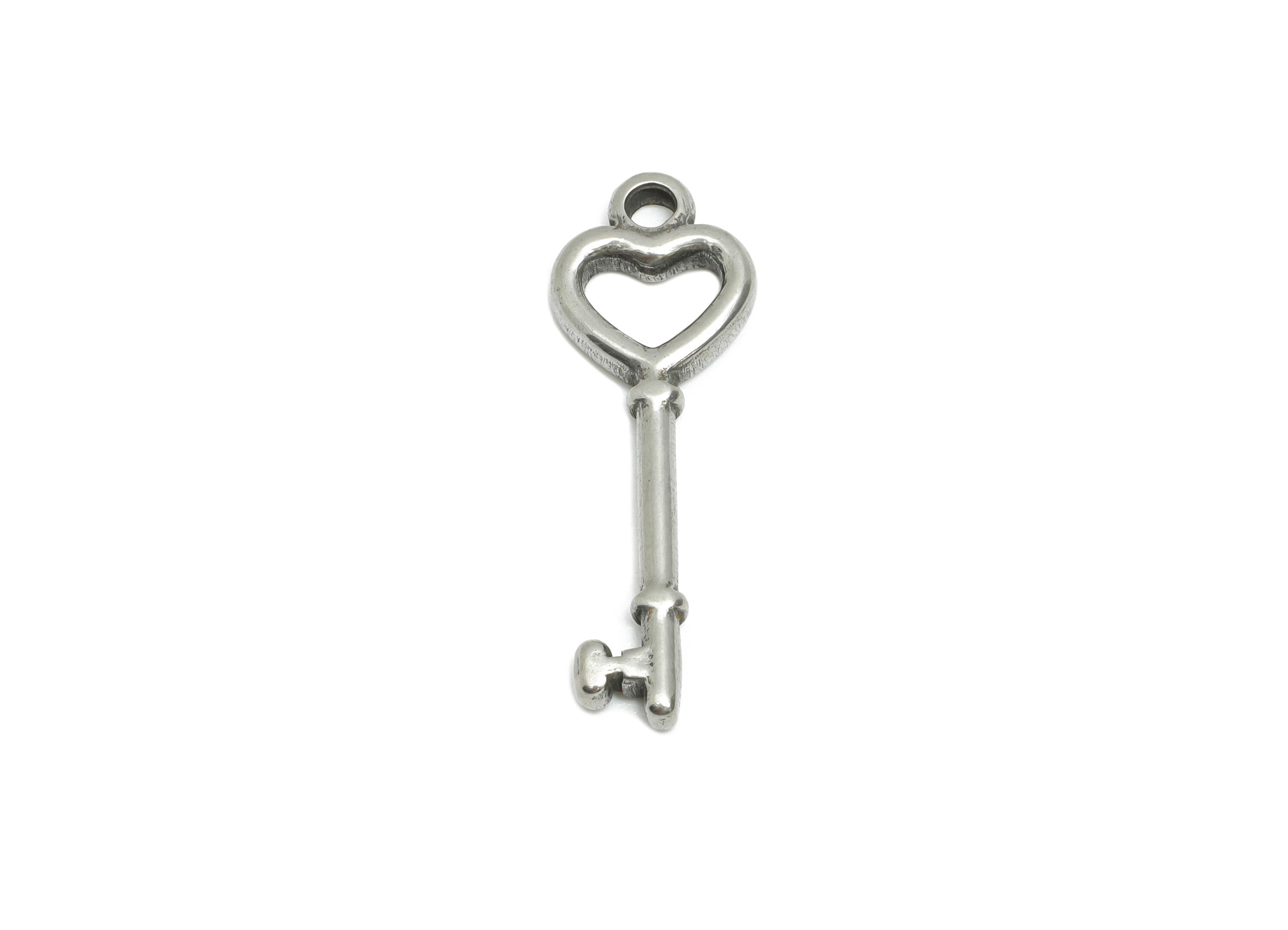 Stainless Steel Key Heart Charms - Romantic Key Pendant Pendant - Vintage Heart Key Charm - Heart Motif Jewelry - 25x8x2.22mm - SS1771 - DOMEDBAZAAR