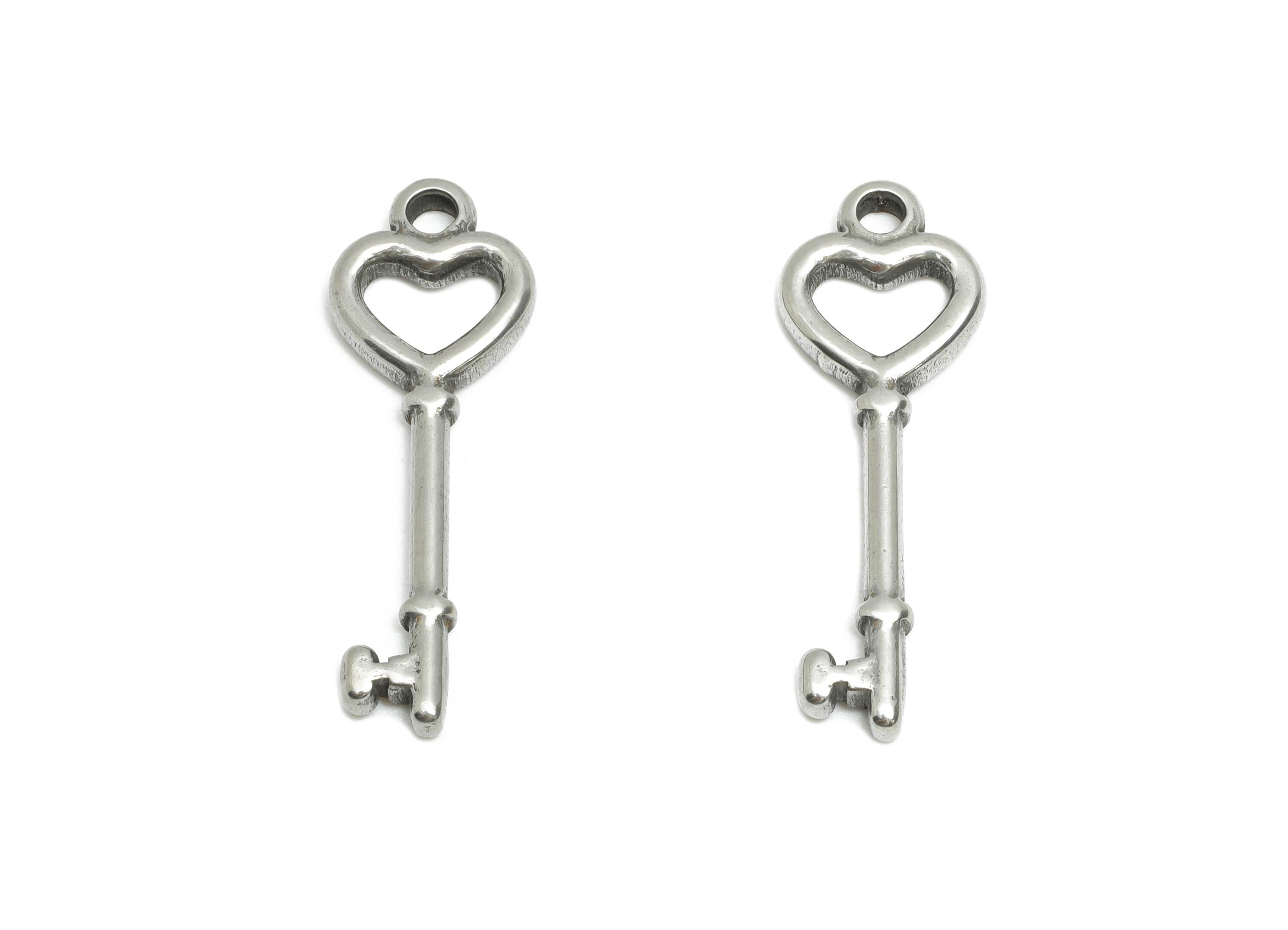 Stainless Steel Key Heart Charms - Romantic Key Pendant Pendant - Vintage Heart Key Charm - Heart Motif Jewelry - 25x8x2.22mm - SS1771 - DOMEDBAZAAR