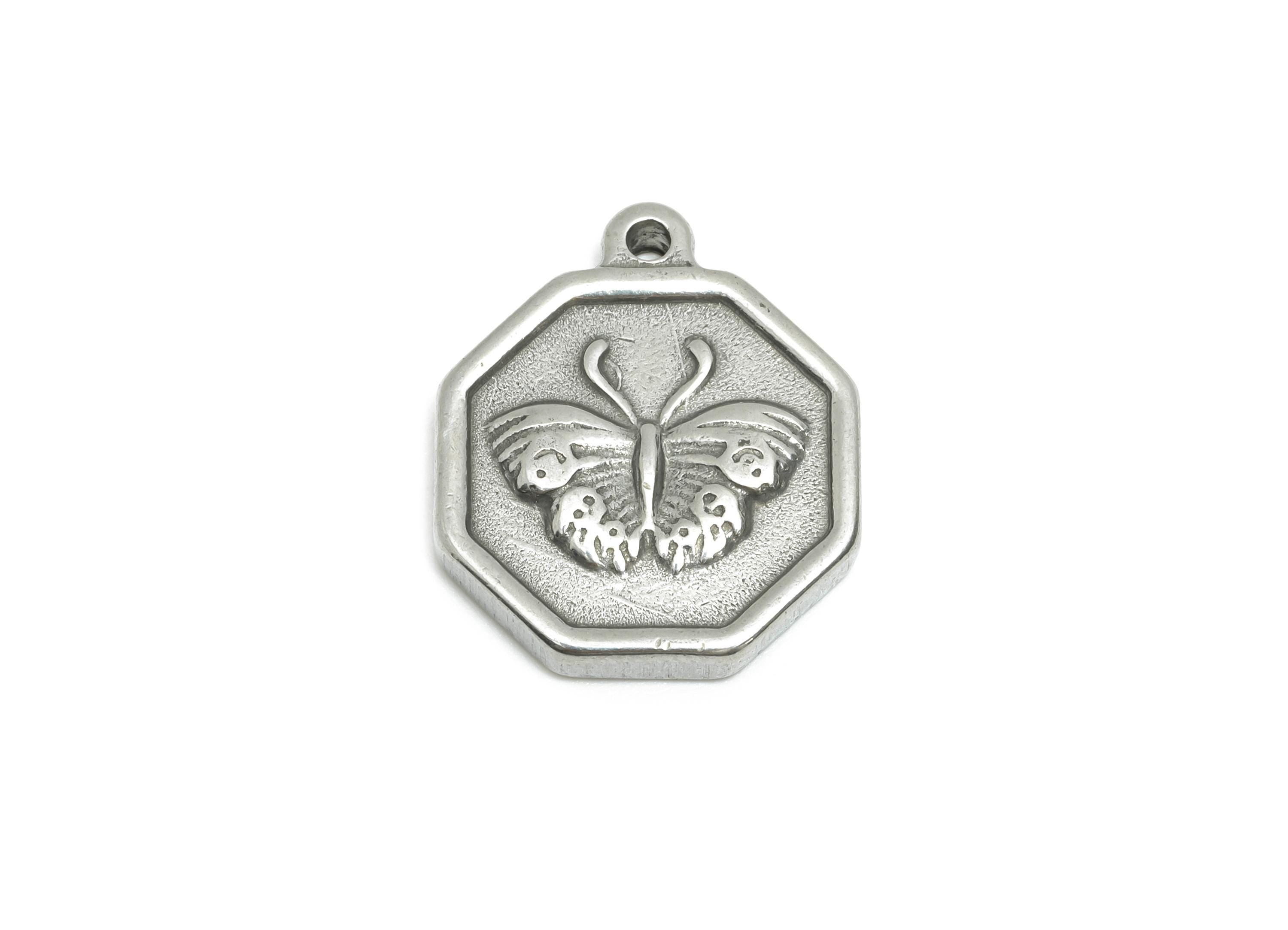 Steel Butterfly Charm - Detailed Silver Insect Charm - Vintage Flying Butterfly Geometric Charm - Steel Jewelry - 18.49x15.3x2.57mm - SS1942 - DOMEDBAZAAR