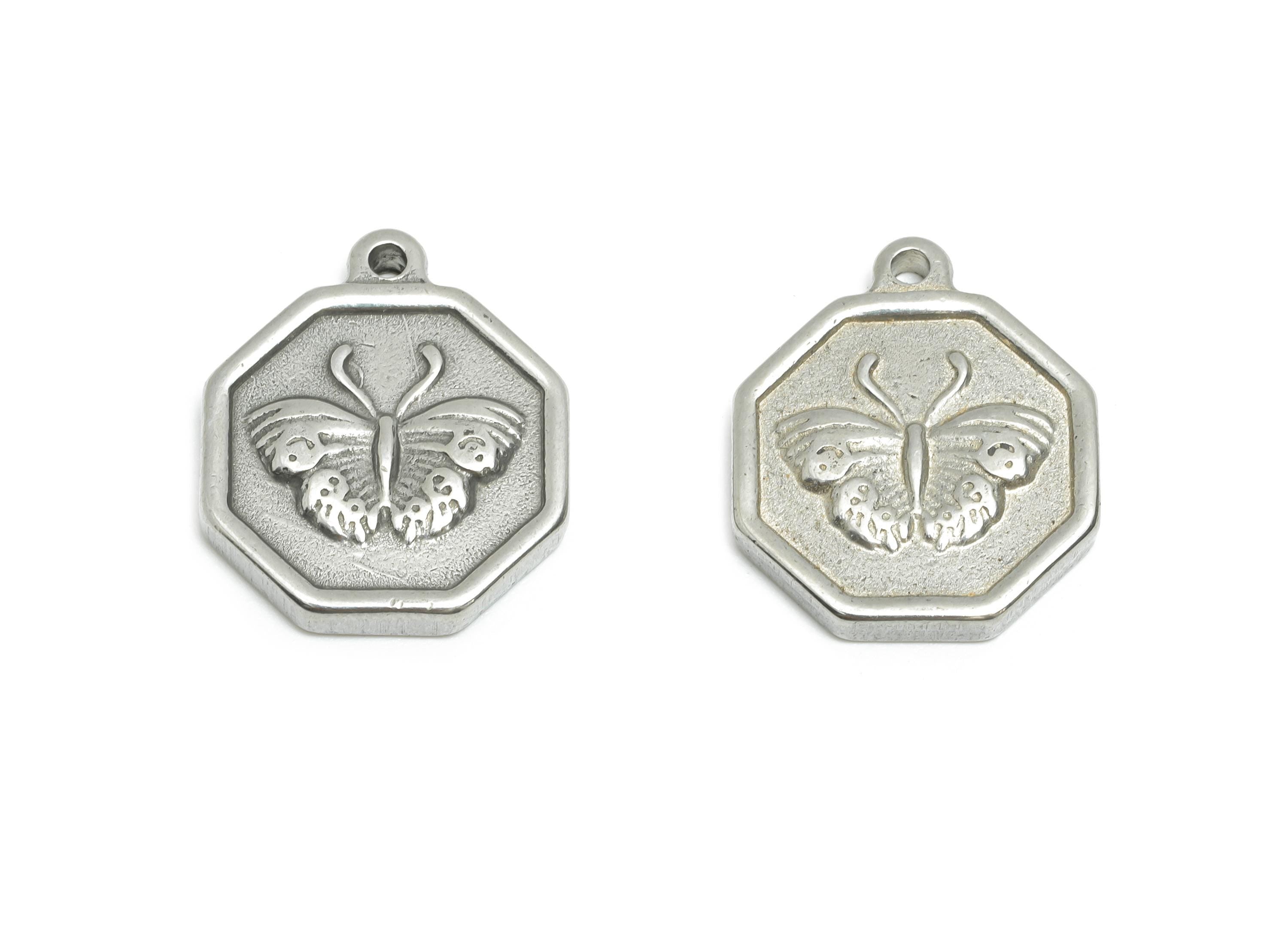 Steel Butterfly Charm - Detailed Silver Insect Charm - Vintage Flying Butterfly Geometric Charm - Steel Jewelry - 18.49x15.3x2.57mm - SS1942 - DOMEDBAZAAR