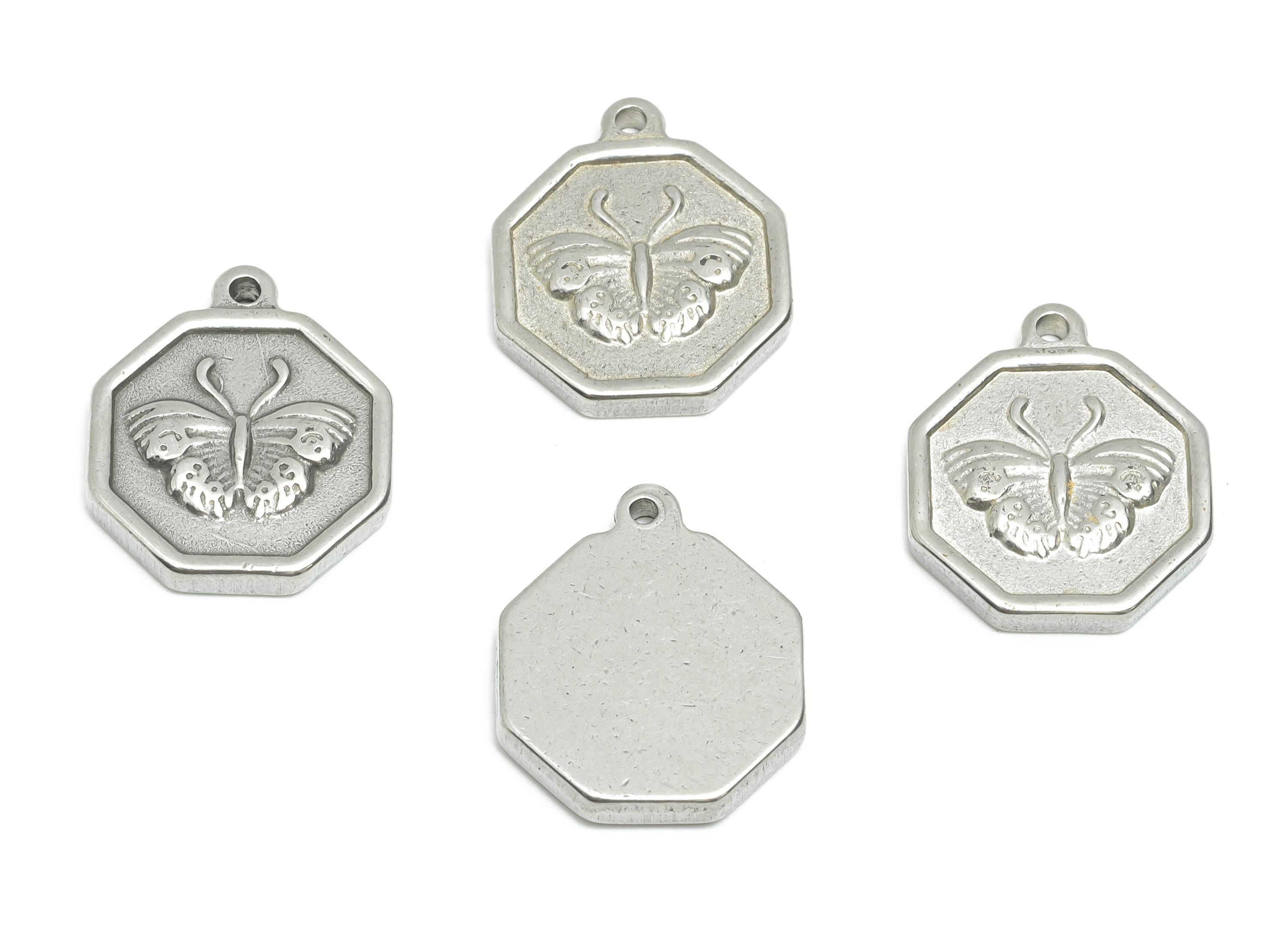 Steel Butterfly Charm - Detailed Silver Insect Charm - Vintage Flying Butterfly Geometric Charm - Steel Jewelry - 18.49x15.3x2.57mm - SS1942 - DOMEDBAZAAR