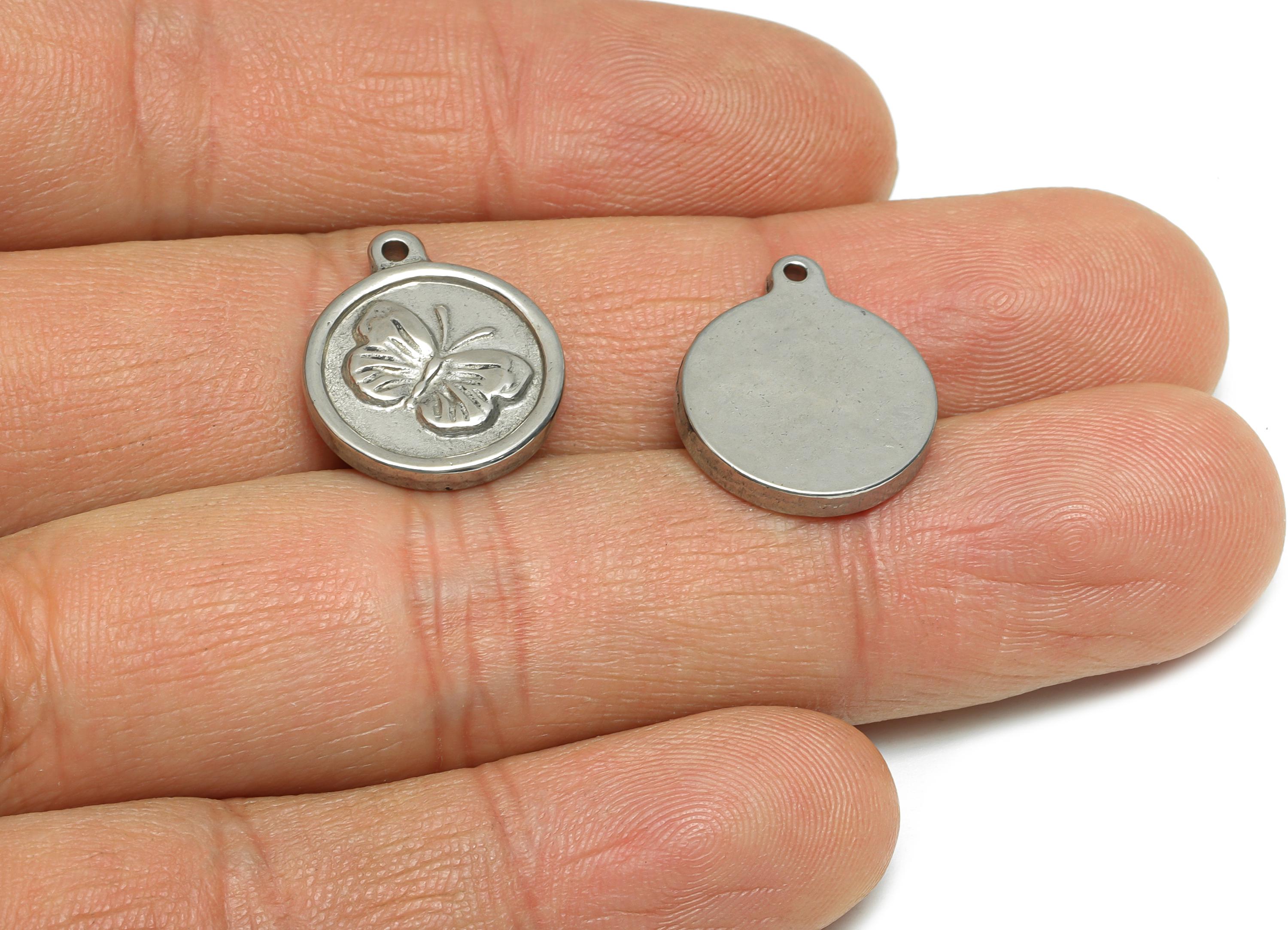 Steel Butterfly Charm - Detailed Silver Insect Charm - Vintage Flying Butterfly Round Charm - Stainless Steel Jewelry - 18x15x2mm - SS1920 - DOMEDBAZAAR