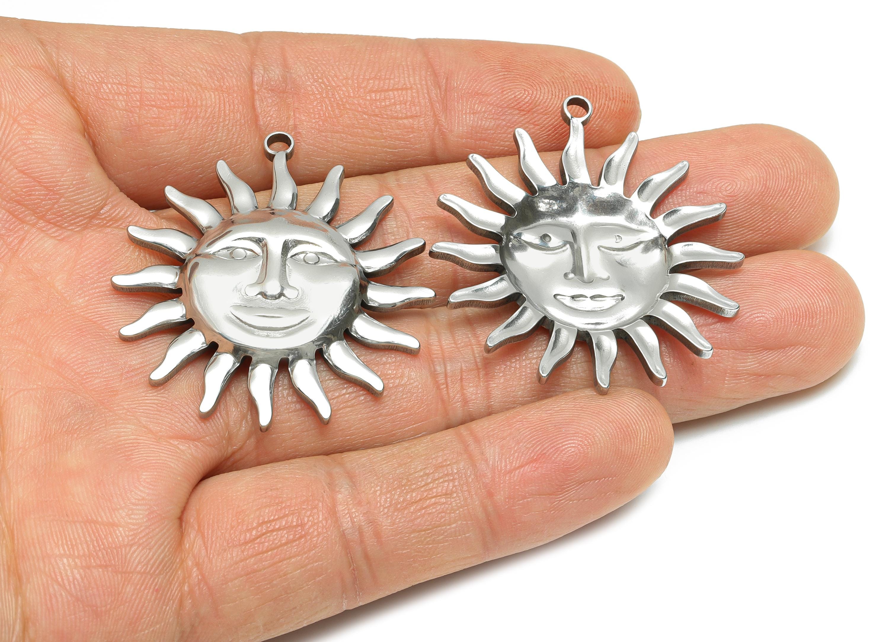 Steel Sun Face Pendant - Radiant Sun Pendant for Necklace - Vintage Solar Symbol Pendant - Stainless Steel Jewelry - 40x37.2x3.49mm - SS1983 - DOMEDBAZAAR