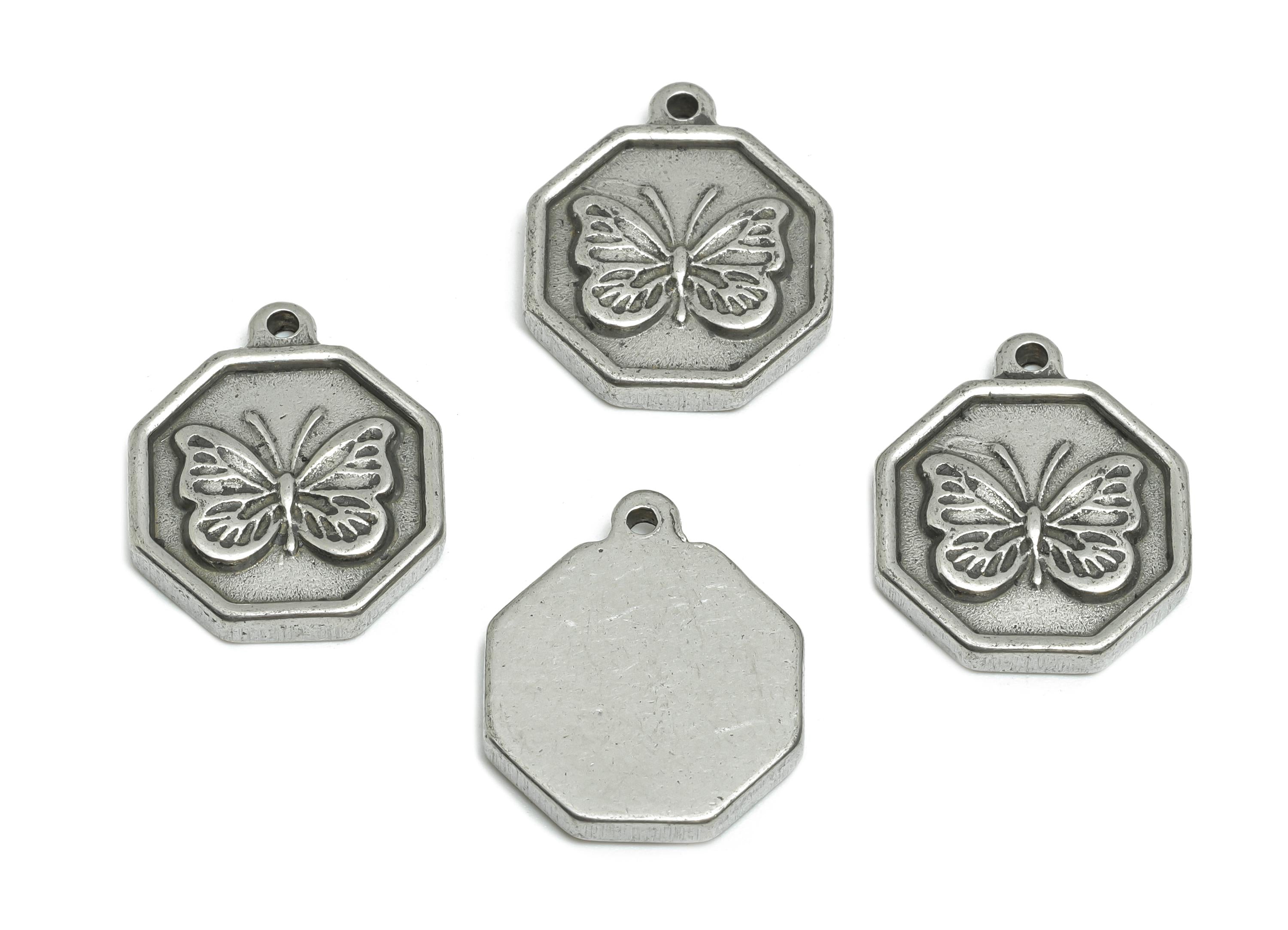 Steel Butterfly Charms - Detailed Silver Insect Charms - Vintage Butterfly Geometric Pendant - Jewelry Component - 18.25x15x2.59mm - SS1824 - DOMEDBAZAAR
