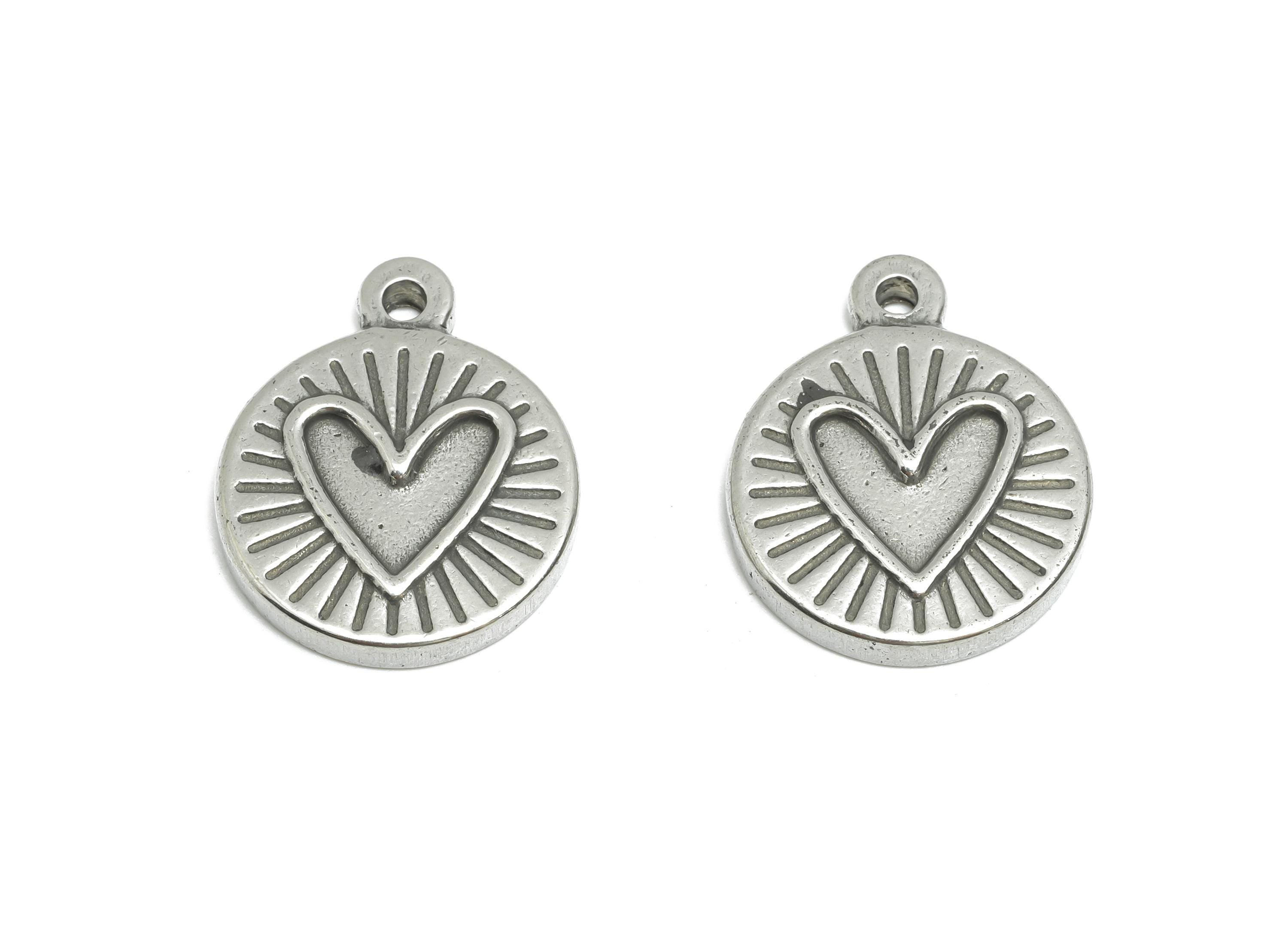 Stainless Steel Heart Charms - Textured Round Sunburst Charm - Coin Craft Supply For Gemstone - Stainless Steel Jewelry - 18x15x2mm - SS1963 - DOMEDBAZAAR