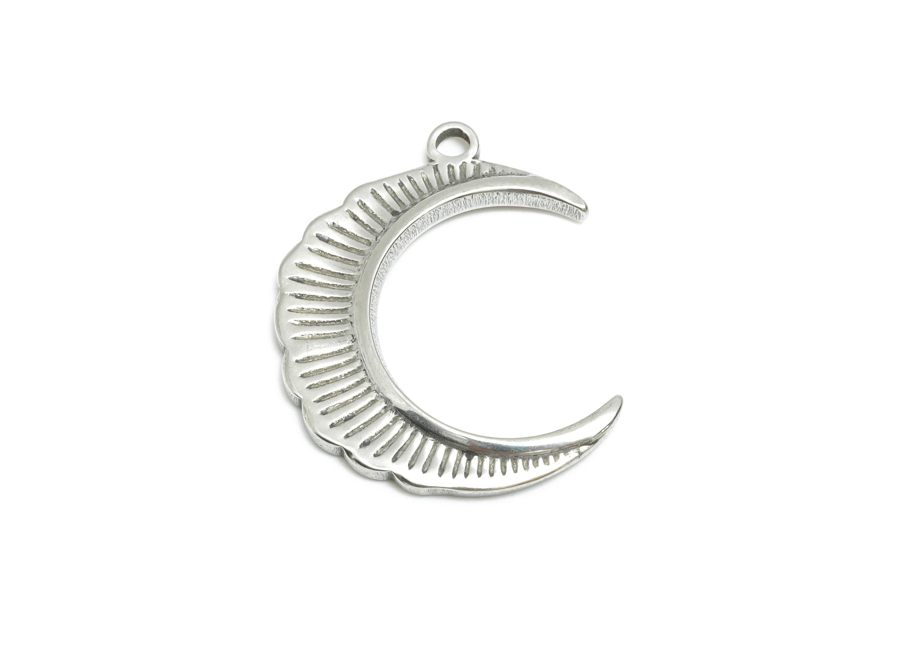 Steel Crescent Pendant - Textured Crescent Moon Charm for Bracelet - Vintage Celestial Pendant - Steel Jewelry - 22x18x2.17mm - SS1943 - DOMEDBAZAAR