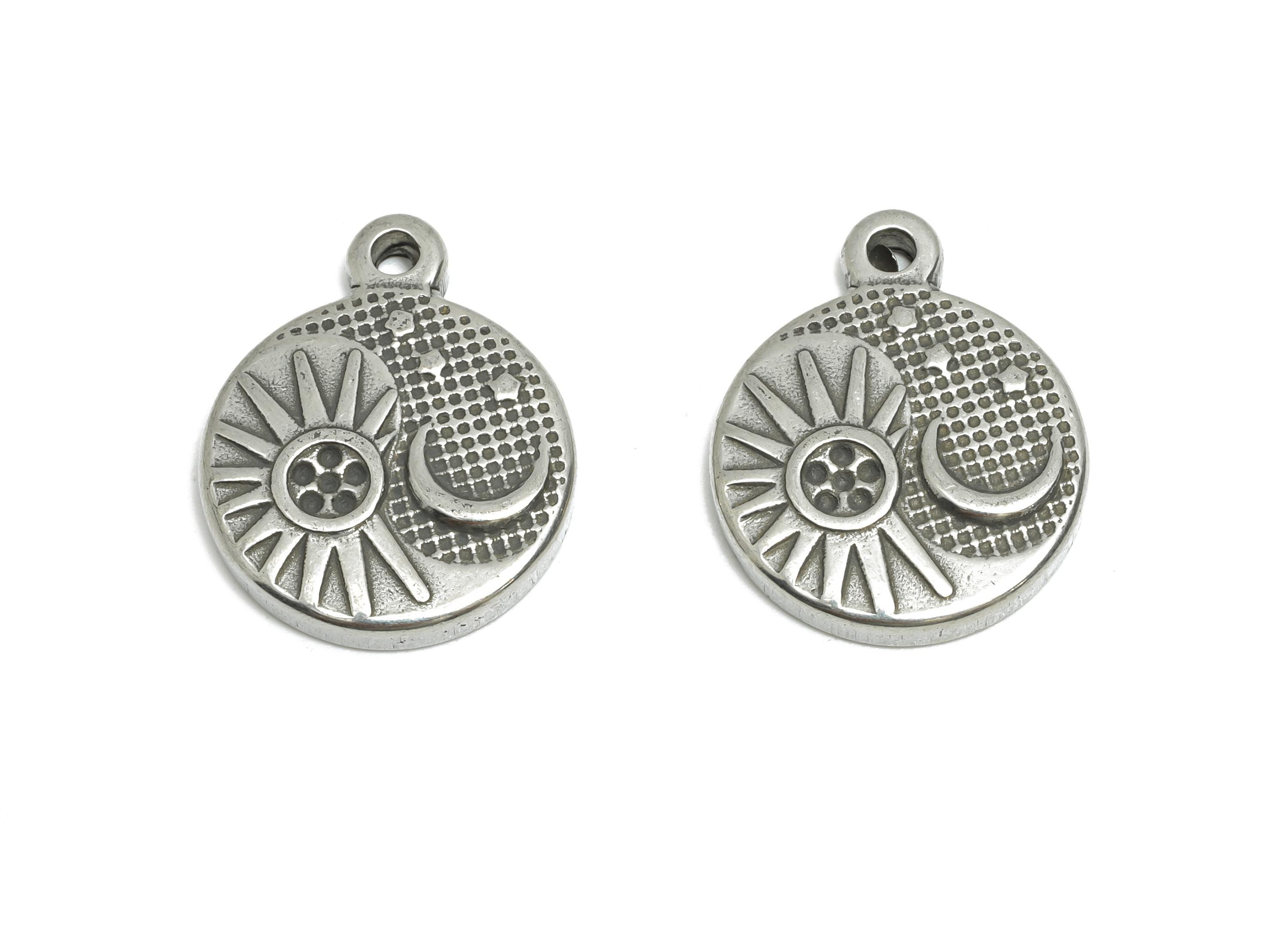 Steel Crescent Pendant - Textured Sun and Moon Charm for Necklace - Celestial Sunshine Pendant - Steel Jewelry - 18x15x2.59mm - SS1929 - DOMEDBAZAAR