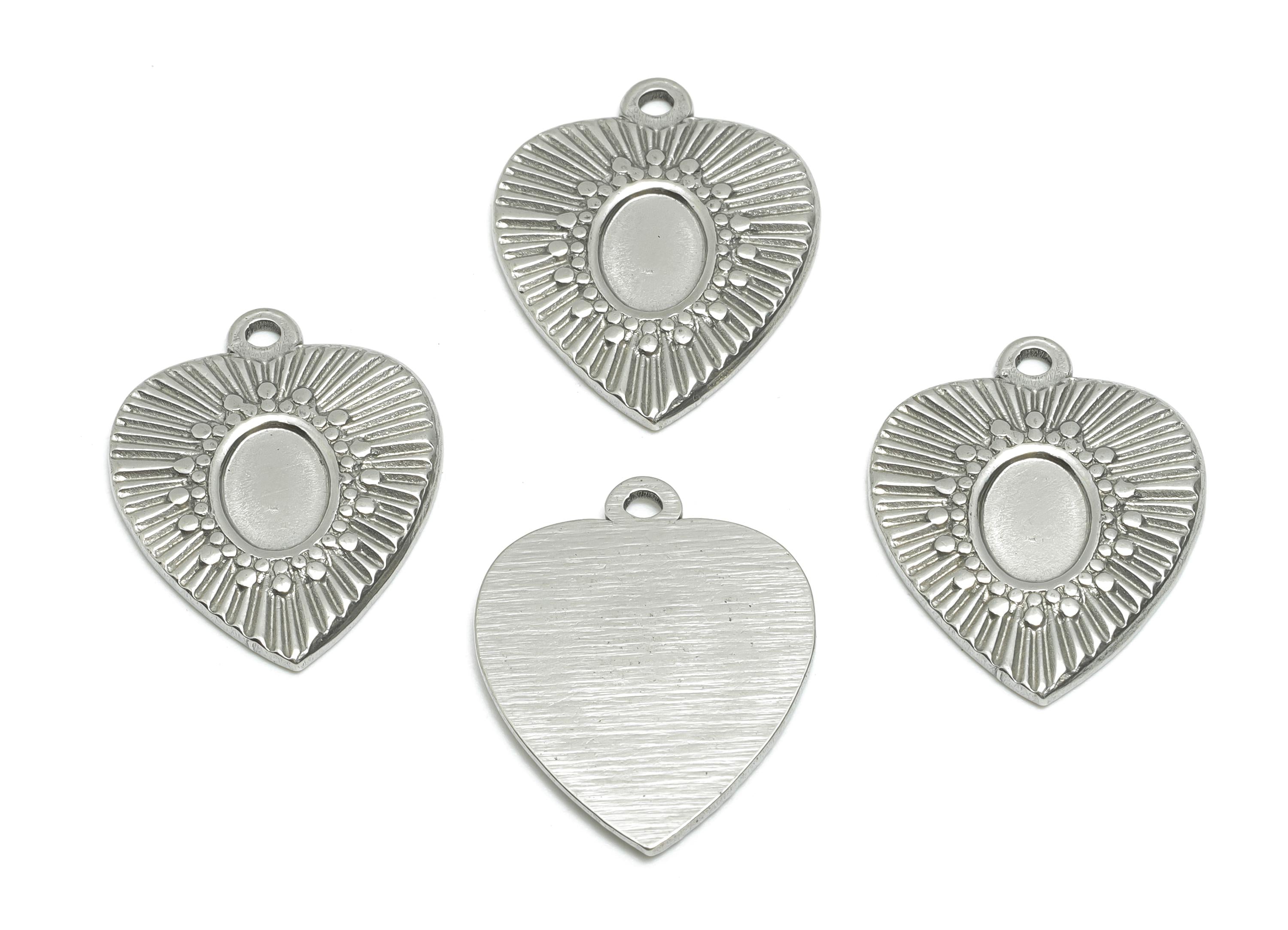 Steel Heart Pendant - Textured Vintage Charm for Bracelet - Boho Vintage Oval Pendant For Gemstone - Steel Jewelry - 22x18x1.68mm - SS1759 - DOMEDBAZAAR